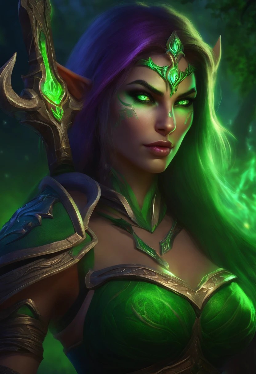Female Nightelf Huntress with longbow, glowing green light eyes, world of warcraft, eerie, Creepy, nightmarish, Very bright colors, Light particles, with light glowing, Mshiff, wallpaper art, UHD wallpaper