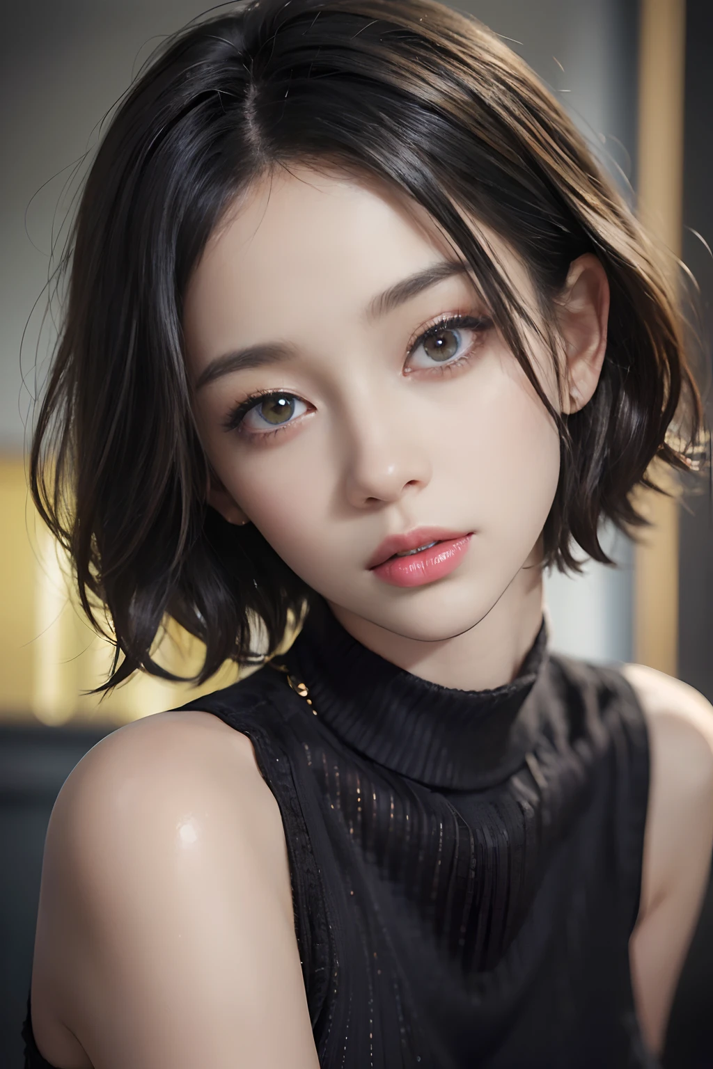 (masterpiece:1.3), (8k, photorealistic, RAW photo, best quality: 1.4), (1girl), beautiful face, (realistic face), (black hair, short hair:1.3), beautiful hairstyle, realistic eyes, beautiful detailed eyes, (realistic skin), beautiful skin, (sweater), absurdres, attractive, ultra high res, ultra realistic, highly detailed, golden ratio