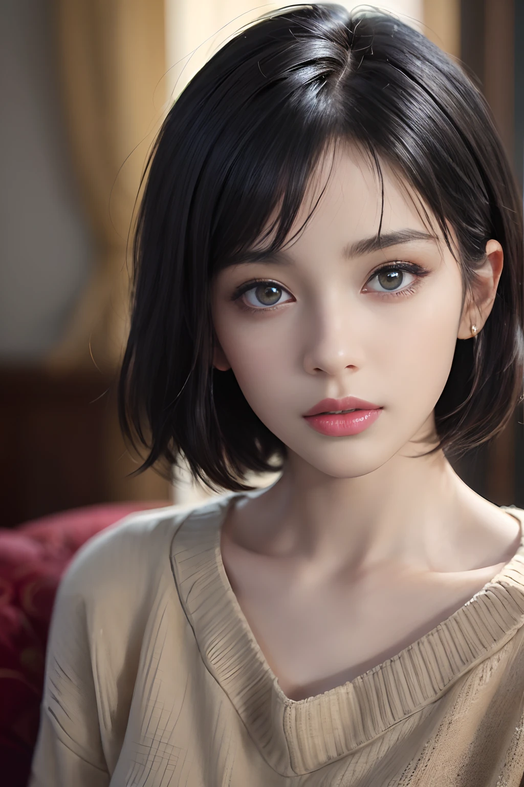 (masterpiece:1.3), (8k, photorealistic, RAW photo, best quality: 1.4), (1girl), beautiful face, (realistic face), (black hair, short hair:1.3), beautiful hairstyle, realistic eyes, beautiful detailed eyes, (realistic skin), beautiful skin, (sweater), absurdres, attractive, ultra high res, ultra realistic, highly detailed, golden ratio