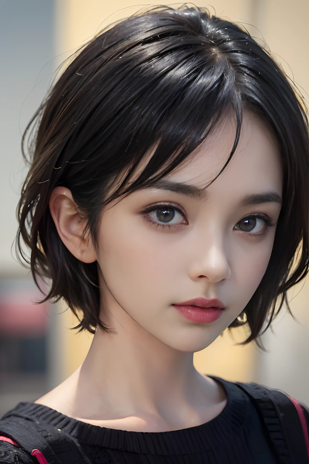 zydG, One of the most beautiful women, More skin, toView, brown-eyed, (Shorthair with bangs:1.2), Big eyes、Thicker lips、
Profile close-up、(Photorealsitic:1.4), (Top image quality:1.0), (超A high resolution:1.0), 8K, RAW Photography, (masterpiece:0.2), (pureerosface_v1:0.5)