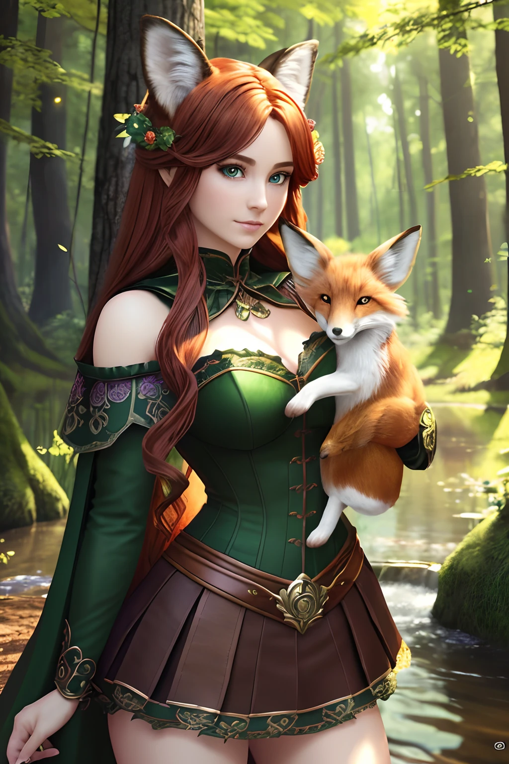 Masterpiece, high details, best quality, 8k, [ultra detailed], masterpiece, best quality, (extremely detailed), dynamic angle, ultra wide shot, RAW, photorealistic, fantasy art, dnd art, rpg art, realistic art, a wide angle picture of a female fairie ranger and her (pet fox), warrior of nature, fighter of nature, full body, [[anatomically correct]]. dynamic position (1.5 intricate details, Masterpiece, best quality) talking to a fox, (red fox), fantasy style, smoothlight (1.6 intricate details, Masterpiece, best quality) in forest (1.5 intricate details, Masterpiece, best quality), a female wearing hooded royal green cape (modest dark green skirt with corset top) with thigh high green leather boots (1.4 intricate details, Masterpiece, best quality), thick hair, long hair, auburn red hair, fair skin intense (brown) eyes, forest background (intense details), a stream flowing in the backgraound (1.4 intricate details, Masterpiece, best quality), dawn light, clouds (1.4 intricate details, Masterpiece, best quality), dynamic angle, (1.4 intricate details, Masterpiece, best quality) 3D rendering, high details, best quality, highres, ultra wide angle, celtic fantasy, clover, poison ivy, fae, (goddess of mischief), green magic, wearing green tophat, pixie, fairy, celtic, Autumn, beautiful autumn spirit, fall season, Dark colored roses, perfect creation, perfect art, highly detailed, detailed art, masterpiece, perfect creation, perfect art, (outlined iris), (perfect eyes), (full figure),