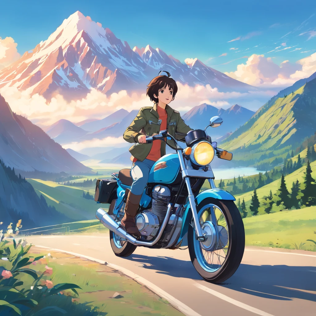 Make vector motorcycle adventure vintage logo design "Vitopna" with mountains, vintagestyle