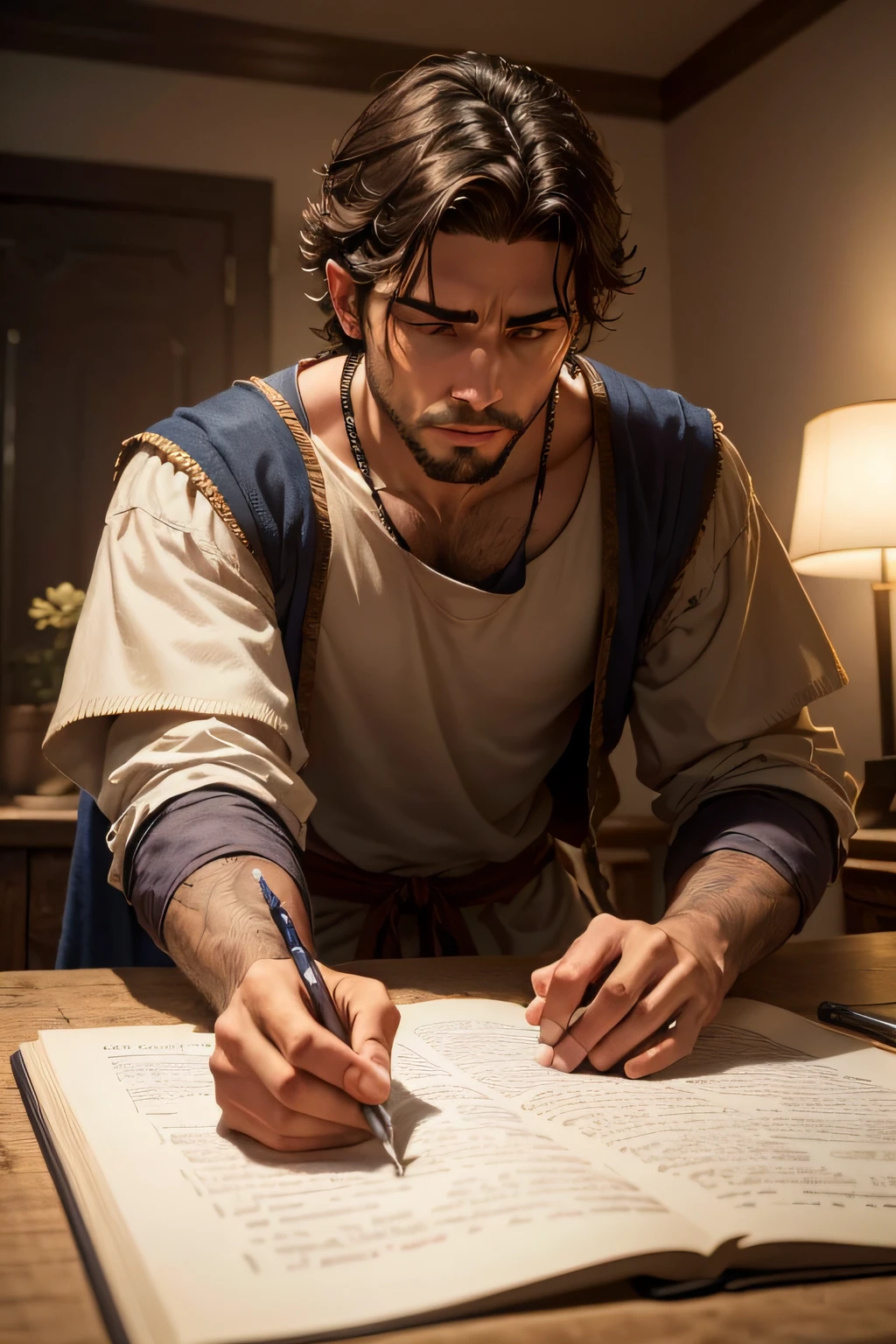 "Based on a photo as a reference, Create a cinematic representation of Jacob, a remarkable biblical character. Highlight your striking presence and personality, mantendo a originalidade da imagem. Jacob should be in a prominent position on the scene, with light that enhances your facial features.
Dress him in clothes typical of the biblical era, with attention to detail that reflects its Hebrew origin. Seu rosto, expressivo e determinado, should capture the essence of the character, taking into account the photographic reference only as inspiration.
The scene should convey Jacob's strength of character and resilience, as well as its central role in biblical history. The atmosphere of the scene can be set in an appropriate biblical context, como um acampamento hebreu ou um momento significativo de sua jornada."