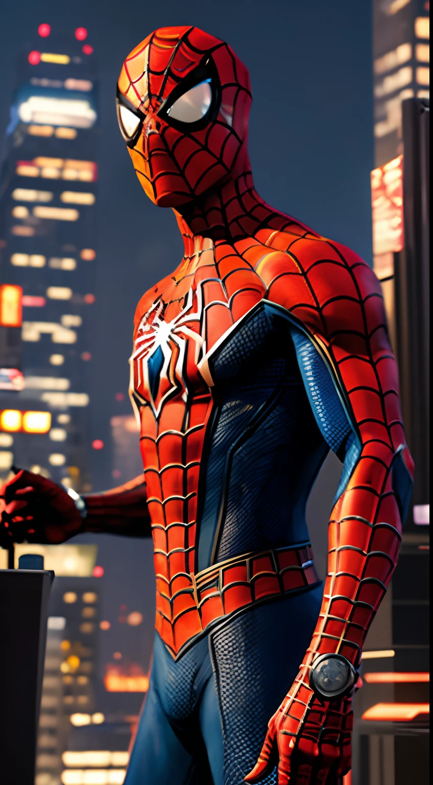 Spider - Man in a suit standing on a roof with a cyberpunk city in the background, Bustling with neon signs, Pedro Lucia, Homem-Aranha, aranha - homem, Retrato do Homem-Aranha, hq 4k papel de parede, Aranha altamente detalhada - Man, peter parker como homem-aranha, Estilo futurista Homem-Aranha, 8k render", medium close - up ( Mcu ), Spiderman, Trending in ArtStation 4K, cg arte