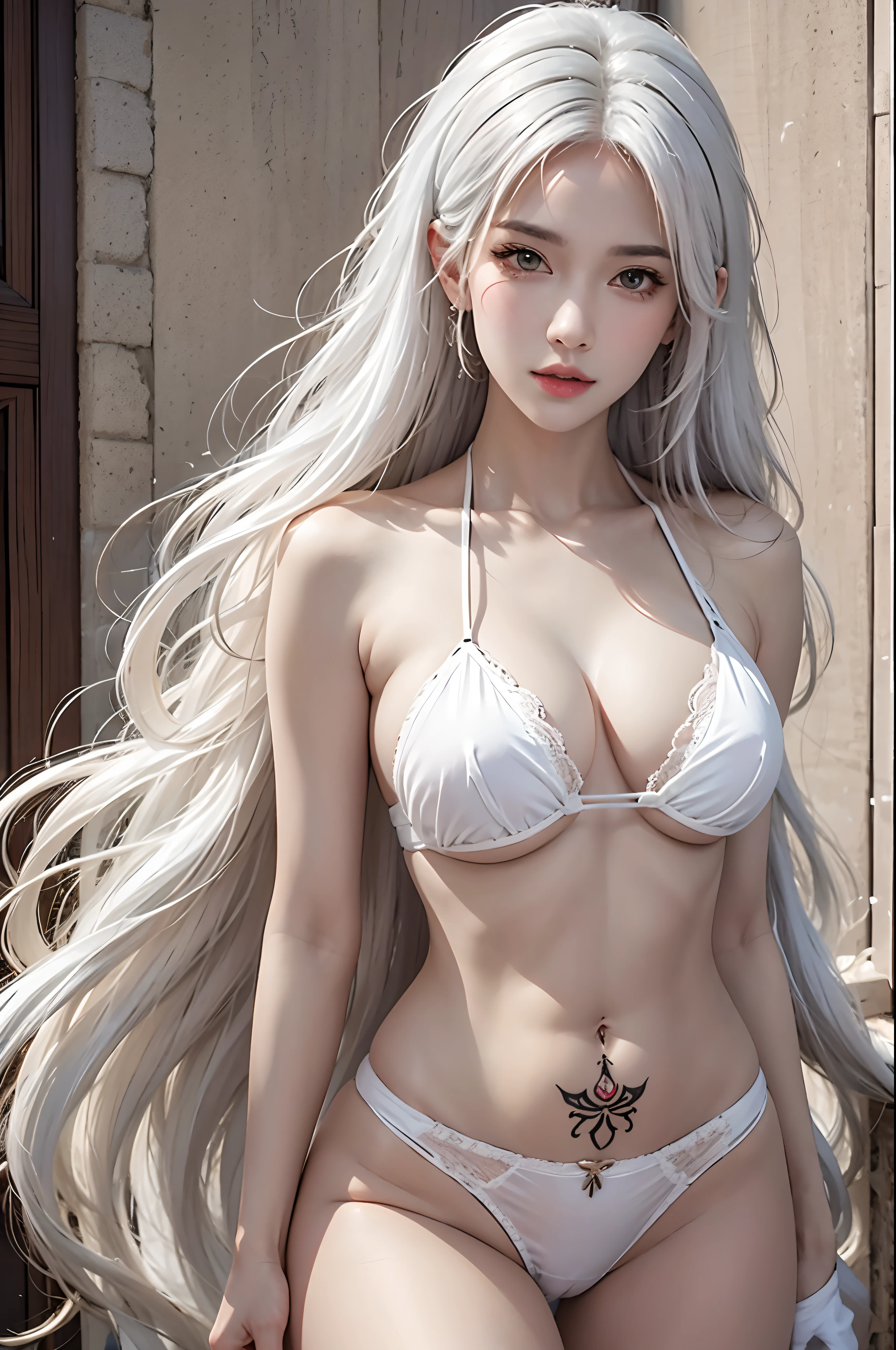 photorealistic, high resolution, 1women, solo, hips up, look at viewer, (detailed face), white hair, long hair, micro-bikini, jewelry, belly tattoo