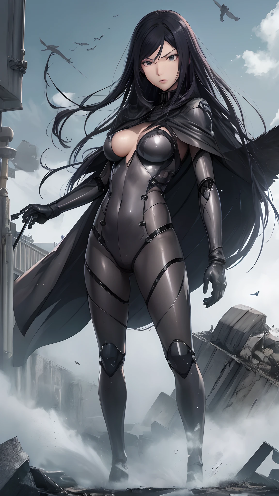 generate a High quality image of kurihara Mari from prison school, black long hair, grey eyes, full body view, (wearing robotic bodysuit armour, cape), punching in the ground on a destroyed spaceship, cinematic shadow, cinematic fog, crows in the sky.