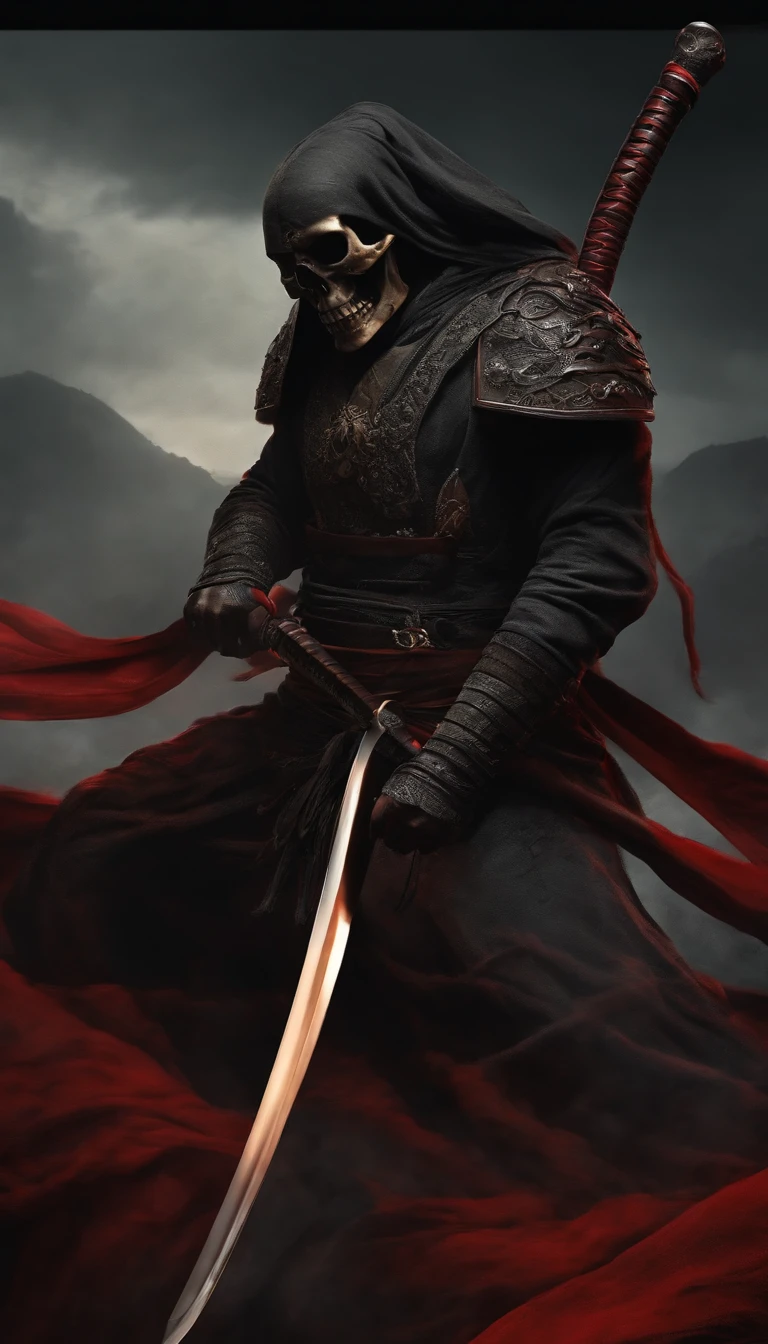 1-edged skull katana with long black blade, curva e serrilhada. Cabo vermelho com tiras de tecido.