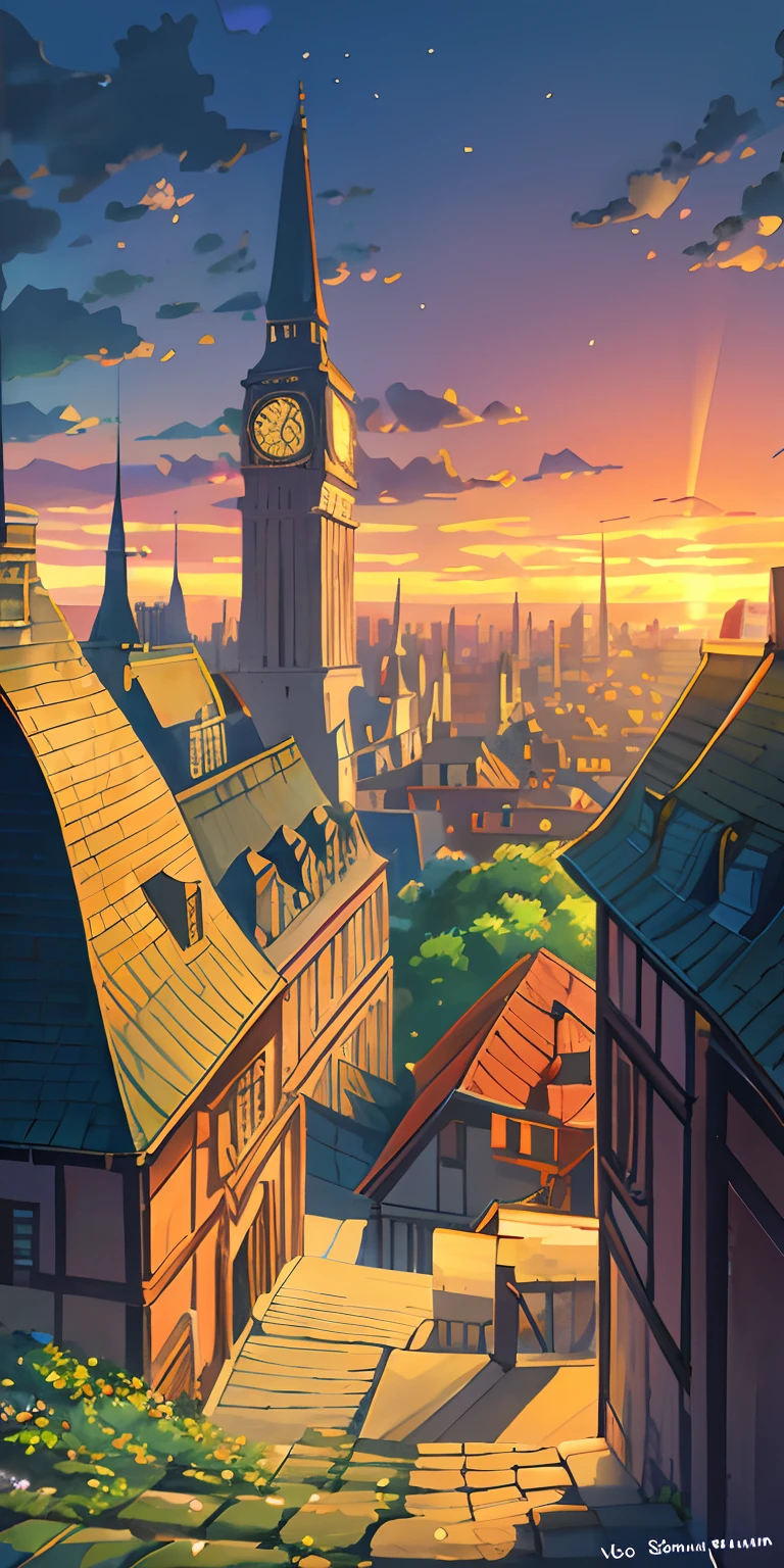 A real old European city、The sunset is beautiful、Looking at the cityscape below from the top of the hill