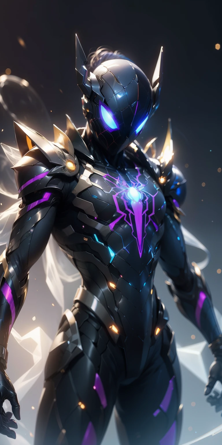 The Cosmic Arachnid sports an iridescent suit of alien tissues with a holographic spider on its chest.. His mask features a HUD visor and luminous eyes., while their abilities employ filaments of cosmic energy instead of conventional cobwebs.. This Spider-Man travels through dimensions to protect reality itself... agregar armas de combate, agregar efecto al final, Epic Background