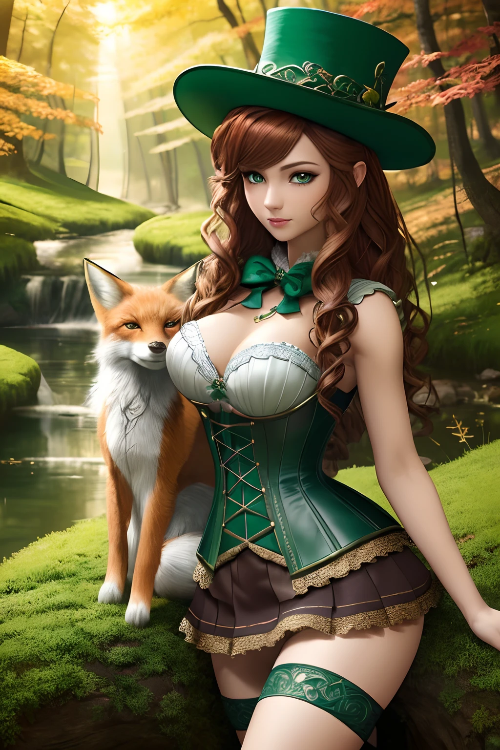 Masterpiece, high details, best quality, 8k, [ultra detailed], masterpiece, best quality, (extremely detailed), dynamic angle, ultra wide shot, RAW, photorealistic, fantasy art, dnd art, rpg art, realistic art, a wide angle picture of a female fairie ranger and her pet fox, red fox, fantasy style, smoothlight (1.6 intricate details, Masterpiece, best quality) in forest (1.5 intricate details, Masterpiece, best quality), a female wearing (modest medium length dark green skirt with corset top) with thigh high green stockings and hat (1.4 intricate details, Masterpiece, best quality), thick hair, long hair,  auburn red hair, fair skin intense (brown) eyes, forest background (intense details), a stream flowing in the backgraound (1.4 intricate details, Masterpiece, best quality), dawn light, clouds (1.4 intricate details, Masterpiece, best quality), dynamic angle, (1.4 intricate details, Masterpiece, best quality) 3D rendering, high details, best quality, highres, ultra wide angle, celtic fantasy, clover, poison ivy, fae, goddess of mischief, green magic, (wearing green tophat), pixie, fairy, celtic, Autumn, beautiful autumn spirit, fall season, Dark colored roses, perfect creation, perfect art, highly detailed, detailed art, masterpiece, perfect creation, perfect art, (outlined iris), (perfect eyes), (full figure)