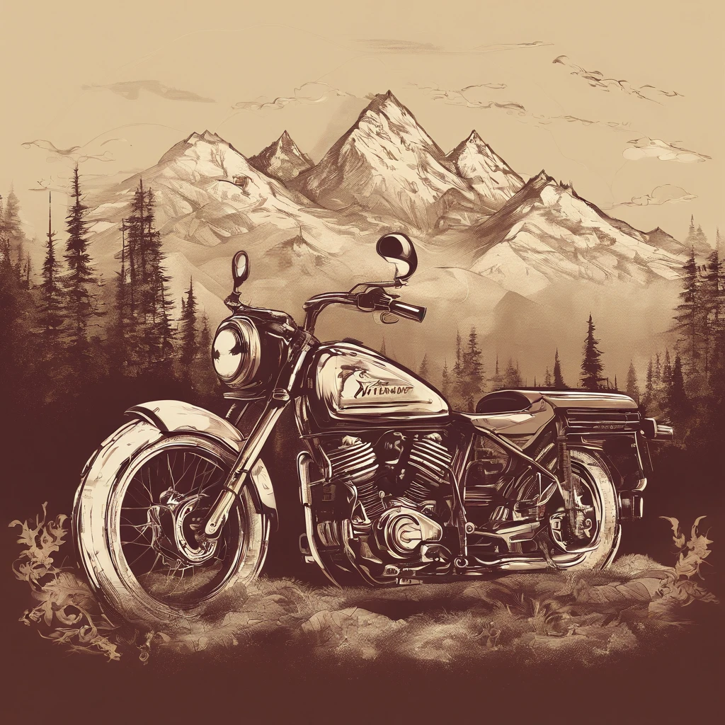 Make vector motorcycle adventure vintage logo design "Vitopna" with mountains, vintagestyle