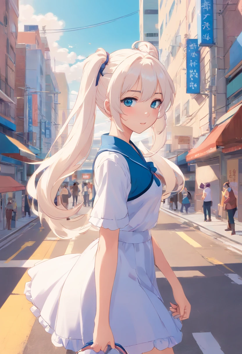 White color hair，Double ponytail curls，blue color eyes，White Lolita，Beth，A bustling city street