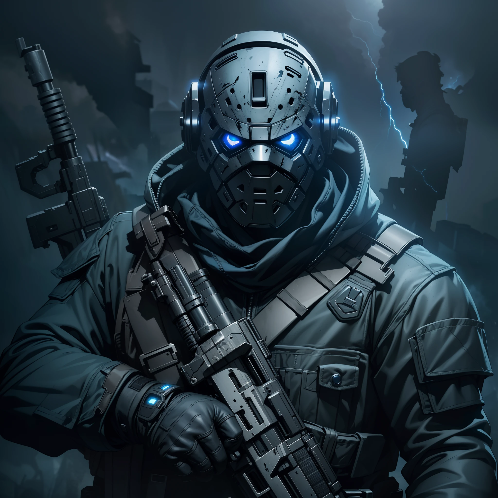 A dark soldier wearing a jason voorhees mask, glowing light eyes, holding an advanced battle rifle, with mesmerizing details, black and blue, darktones, front view, lightening, stormy sky, epic composition, cinematic, studio lighting, volumetric lighting, epic composition, appeal, masterpiece,  movie poster, comic style