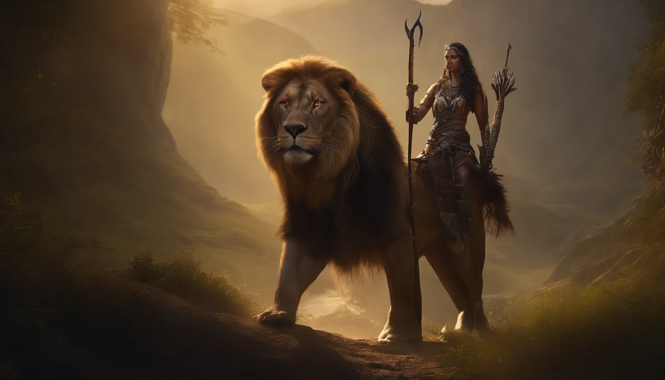 Female Nightelf Huntress with tribal tattoos, longbow in hand with arrow nocked, glowing green light eyes, world of warcraft, eerie, Creepy, nightmarish, Very bright colors, Light particles, with light glowing, large white lion companion, Mshiff, wallpaper art, UHD wallpaper