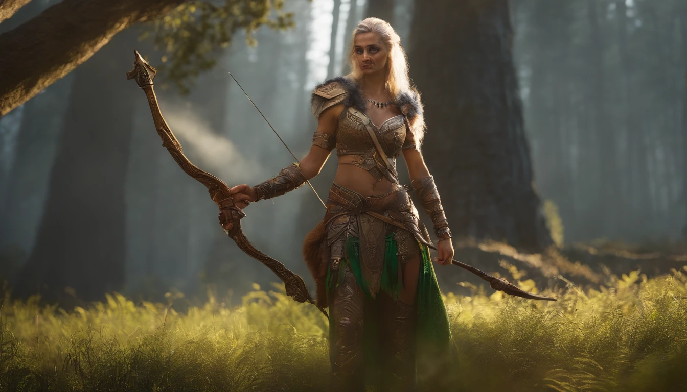 Female Nightelf Huntress with tribal tattoos, longbow in hand with arrow nocked, glowing green light eyes, world of warcraft, eerie, Creepy, nightmarish, Very bright colors, Light particles, with light glowing, large white lion companion, Mshiff, wallpaper art, UHD wallpaper