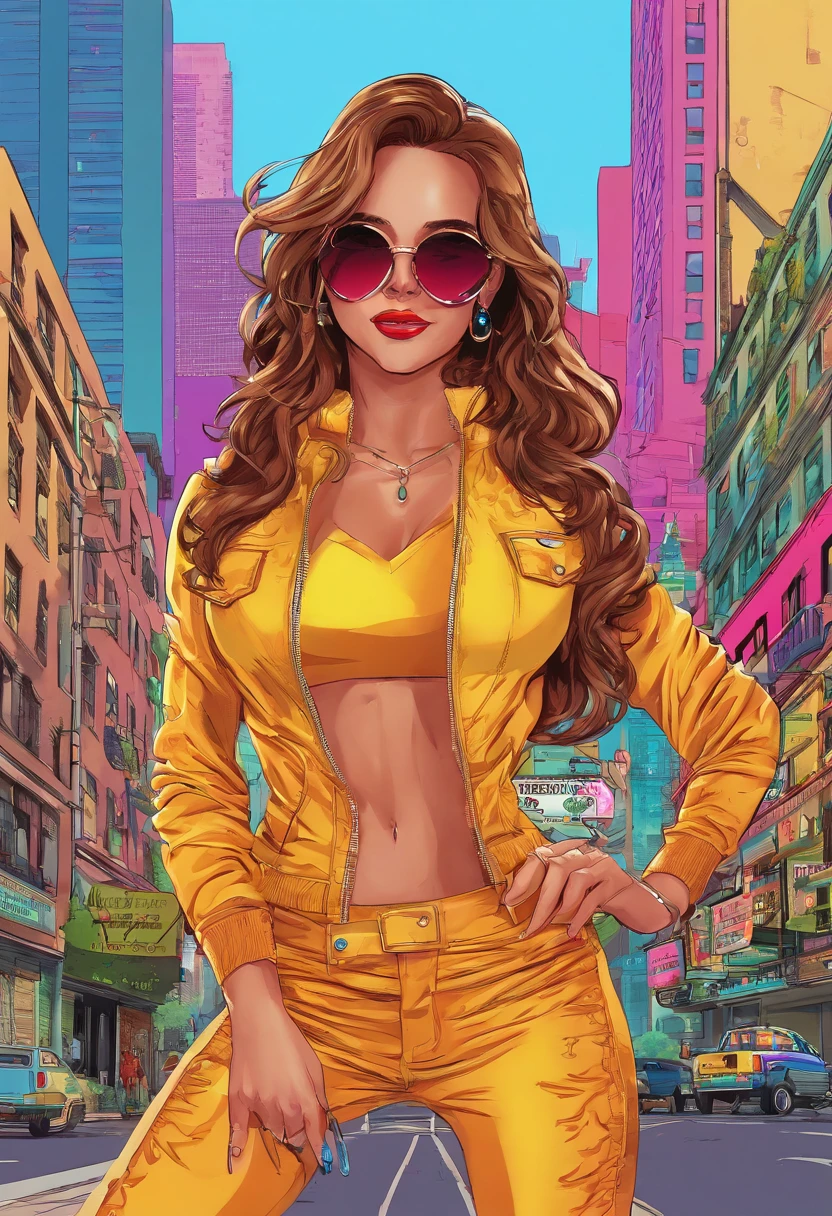 Digital illustration of Megan fox,best quality, masterpiece, cinematic lighting, intricate, cinematic detailed realistic background, detailed face, full body, huge breasts, realistic, ligne claire, , , 1girl jogging, cityscape, night, tied shirt, looking at viewer, tattoo, model pose, open cardigan, ringed yellow eyes, streetlight, lamppost, yoga pants, split-color hair, glasses,, ,