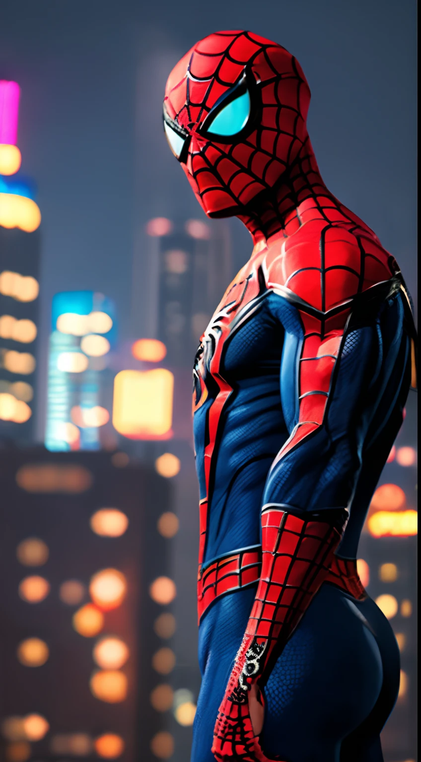 Spider - Man in a suit standing on a roof with a cyberpunk city in the background, Bustling with neon signs, pose, Pedro Lucia, Homem-Aranha, aranha - homem, Retrato do Homem-Aranha, hq 4k papel de parede, Aranha altamente detalhada - Man, peter parker como homem-aranha, Estilo futurista Homem-Aranha, 8k render", medium close - up ( Mcu ), Spiderman, Trending in ArtStation 4K, cg arte