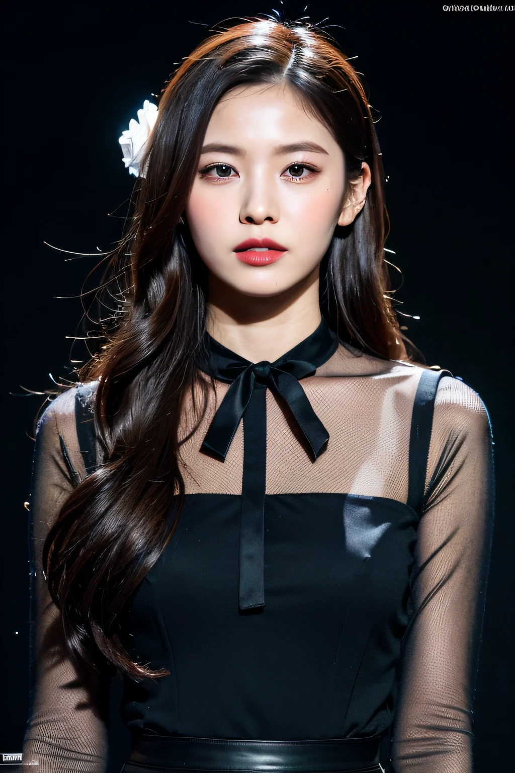 ((Masterpiece, Best quality)),Best-aesthetic,1girll, Solo, Long hair, Black dress, flower, ribbon, Black background, Black hair, Rose, Hair ribbon, Green eyes, Long sleeves, White rose, Closed mouth, Black ribbon, Upper body, Cinematic lighting