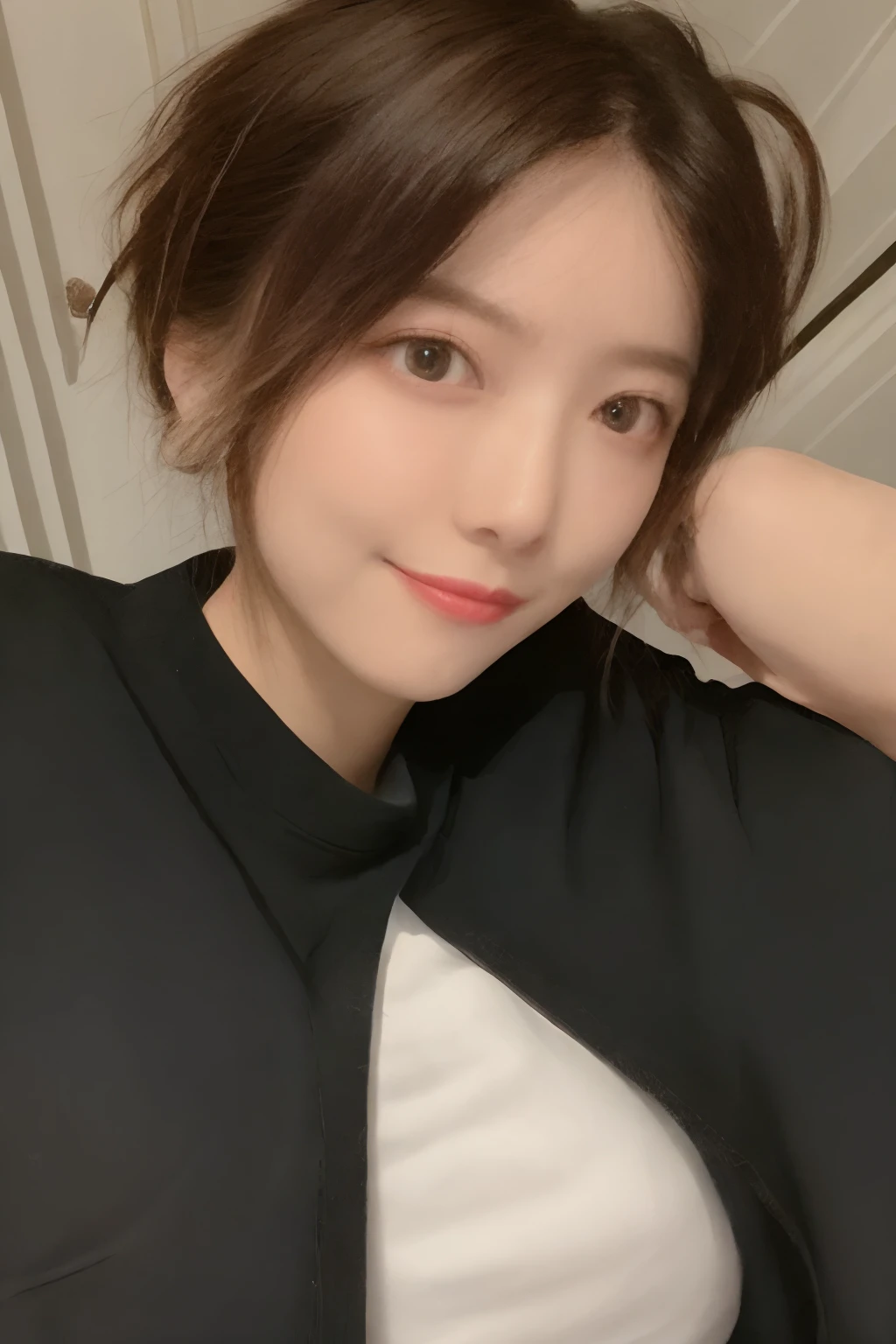 (8k、Raw photo)、film grains、超A high resolution、ultra-detailliert、(Super skin details)、incredibly absurdness、strong rimlight、asian human、slim girl、seducting smile、gaze、small tits、The tattoo、Braided hair、Blonde hair、((Light brown hair))、(realistic:1.3) sunlights、1girl in、instagram、outside of house、(Black shirt:1.2)、(((城市)))、(extra detailed face)、(bangss)、Naked body、Wet pubic area