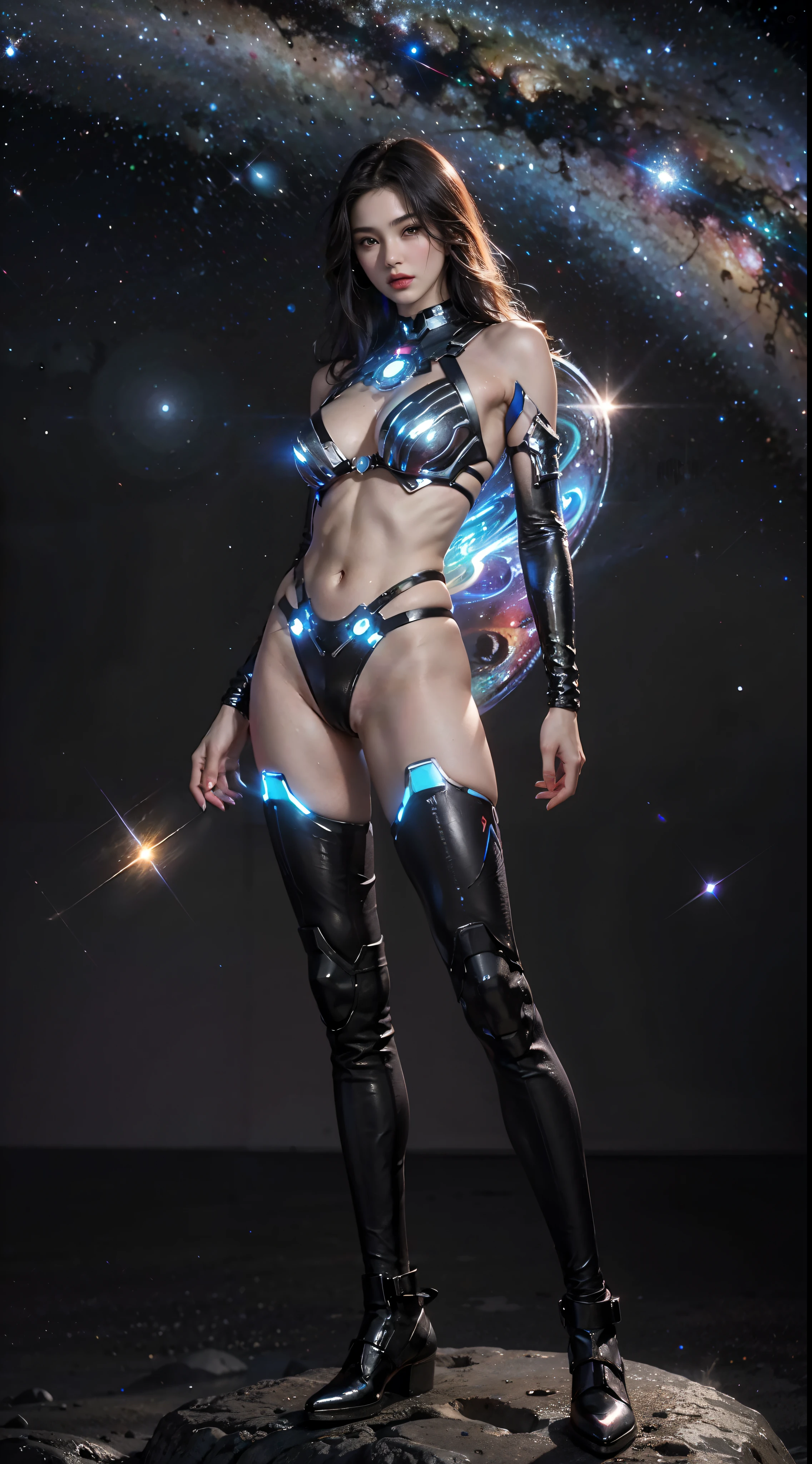 primitive, Masterpiece, super thin photo, Best quality, 超高分辨率, Photorealistic, In the cosmic nebula，Full body standing photo， Incredibly beautiful, Cowboy fighting pose, Delicate face,Vibrant eyes, (frontage), huge boob，The Iron Man mech she wears, Black color scheme, The whole body glows like a diamond，Cosmic stellar background, Highly detailed, Detailed face,  Gorgeous, Highly detailed skin, Realistic skin details, Visible pores， Sharp focus, volume fog, 8K  UHD, SLR camera, High quality, filmgrain, light-skinned, Photorealism, DL, In the distance is Saturn，