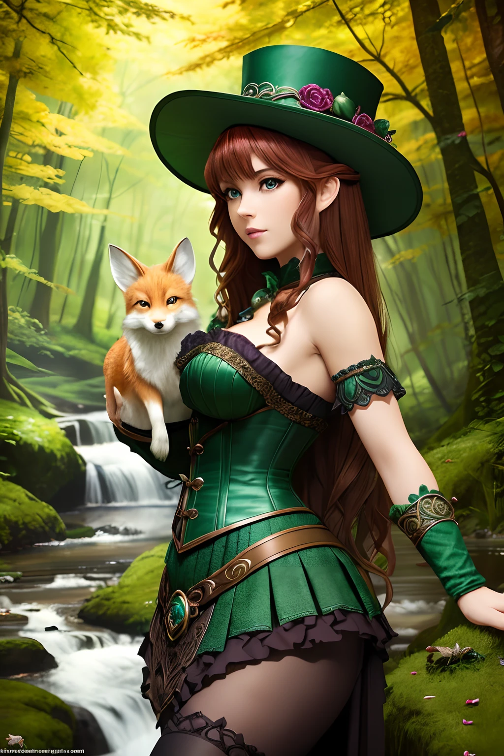 Masterpiece, high details, best quality, 8k, [ultra detailed], masterpiece, best quality, (extremely detailed), dynamic angle, ultra wide shot, RAW, photorealistic, fantasy art, dnd art, rpg art, realistic art, a wide angle picture of a female fairie ranger and her pet fox, (1.6 intricate details, Masterpiece, best quality) in forest (1.5 intricate details, Masterpiece, best quality), a female wearing (modest medium length dark green skirt with corset top) with thigh high green stockings and hat (1.4 intricate details, Masterpiece, best quality), thick hair, long hair,  auburn red hair, fair skin intense (brown) eyes, forest background (intense details), a stream flowing in the backgraound (1.4 intricate details, Masterpiece, best quality), dawn light, clouds (1.4 intricate details, Masterpiece, best quality), dynamic angle, (1.4 intricate details, Masterpiece, best quality) 3D rendering, high details, best quality, highres, ultra wide angle, celtic fantasy, clover, poison ivy, fae, goddess of mischief, green magic, (wearing green tophat), pixie, fairy, celtic, Autumn, beautiful autumn spirit, fall season, Dark colored roses, perfect creation, perfect art, highly detailed, detailed art, masterpiece, perfect creation, perfect art, (outlined iris), (perfect eyes), (full figure)