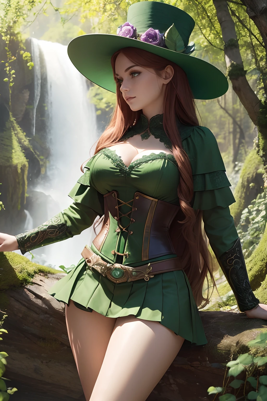 Masterpiece, high details, best quality, 8k, [ultra detailed], masterpiece, best quality, (extremely detailed), dynamic angle, ultra wide shot, RAW, photorealistic, fantasy art, dnd art, rpg art, realistic art, a wide angle picture of a female fairie ranger and her pet fox,  [[anatomically correct]]. dynamic position (1.5 intricate details, Masterpiece, best quality) talking to a fox, red fox, fantasy style, smoothlight (1.6 intricate details, Masterpiece, best quality) in forest (1.5 intricate details, Masterpiece, best quality), a female wearinodest medium length dark green skirt with corset top) with thigh high green stockings and hat (1.4 intricate details, Masterpiece, best quality), thick hair, long hair, auburn red hair, fair skin intense (brown) eyes, forest background (intense details), a stream flowing in the backgraound (1.4 intricate details, Masterpiece, best quality), dawn light, clouds (1.4 intricate details, Masterpiece, best quality), dynamic angle, (1.4 intricate details, Masterpiece, best quality) 3D rendering, high details, best quality, highres, ultra wide angle, celtic fantasy, clover, poison ivy, fae, goddess of mischief, green magic, (wearing green tophat), pixie, fairy, celtic, Autumn, beautiful autumn spirit, fall season, Dark colored roses, perfect creation, perfect art, highly detailed, detailed art, masterpiece, perfect creation, perfect art, (outlined iris), (perfect eyeull figure), huge breasts, huge spilling breasts