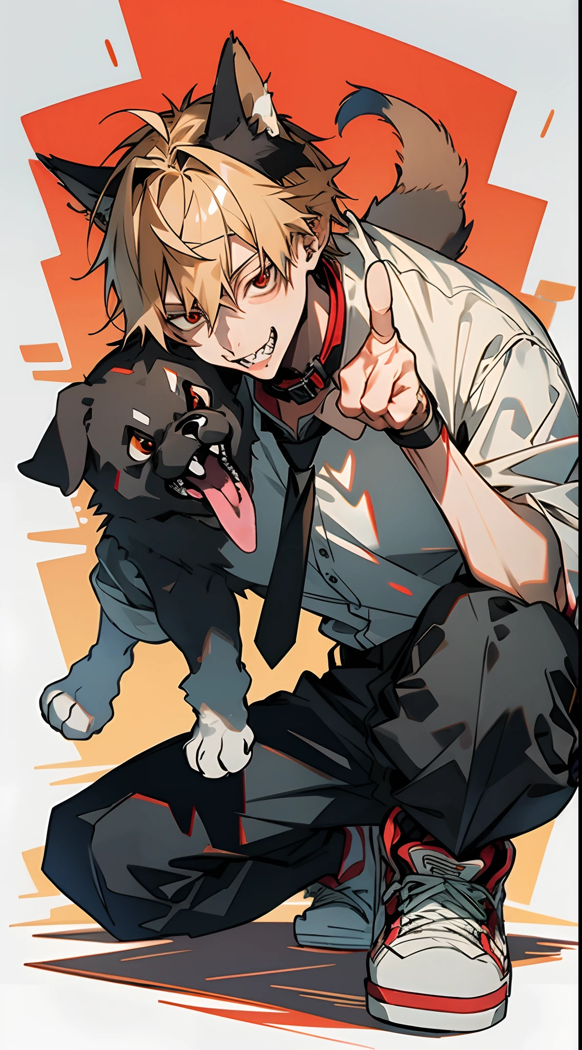 (masterpiece, best quality:1.2), (hyperdetailed face), (Super well-formed face), full body, solo, tachie, male focus, 1boy, squat, sticking out tongue, long tongue, big smile, sharp teeth, blonde hair, red eyes, paw pose, white office shirt, black necktie, black trousers, white sneakers, red collar, dog ears, dog tail, some Siberian huskies