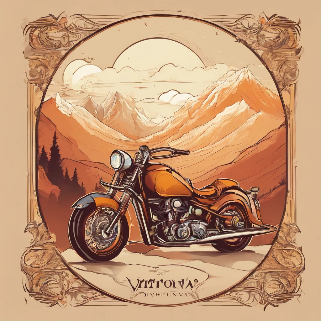 Make vector motorcycle adventure vintage logo design "Vitopna" with mountains, vintagestyle