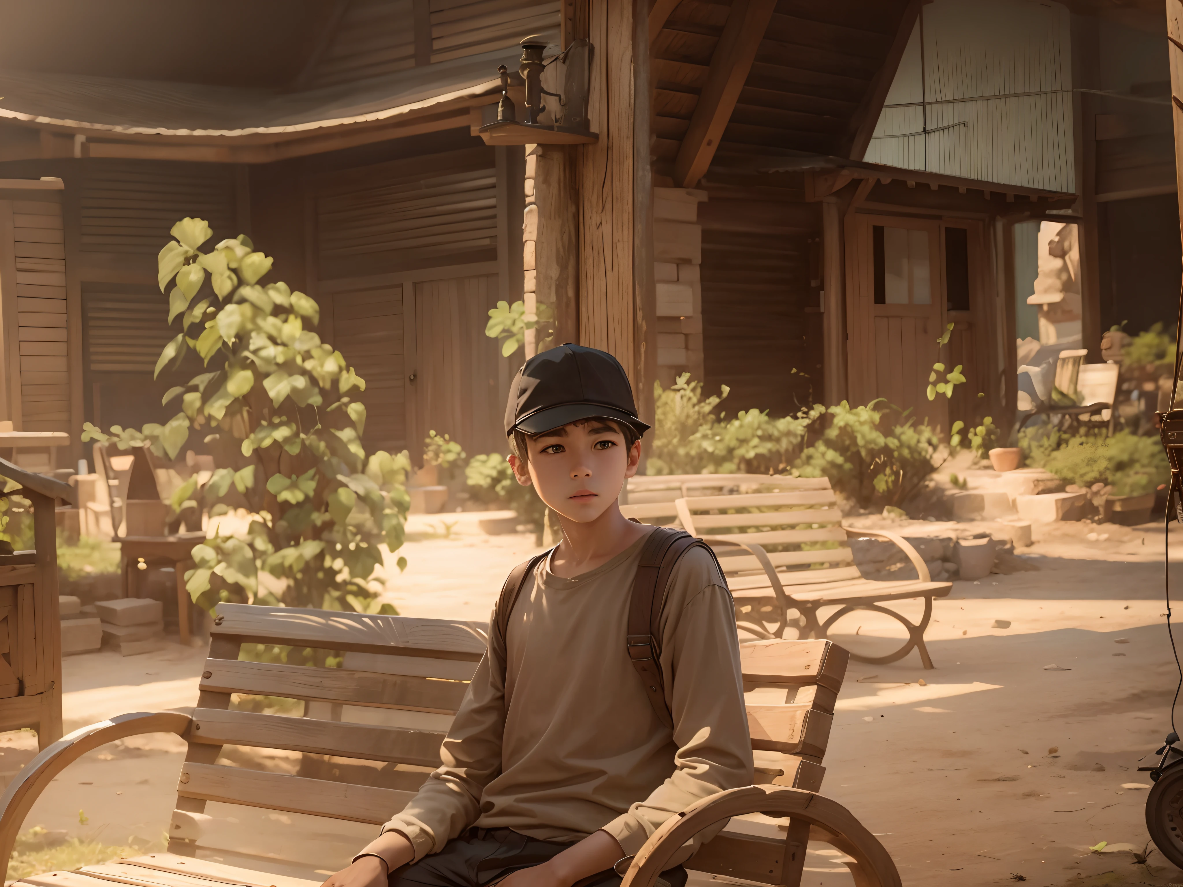 A boy sitting on chair with realistic background, realistic face