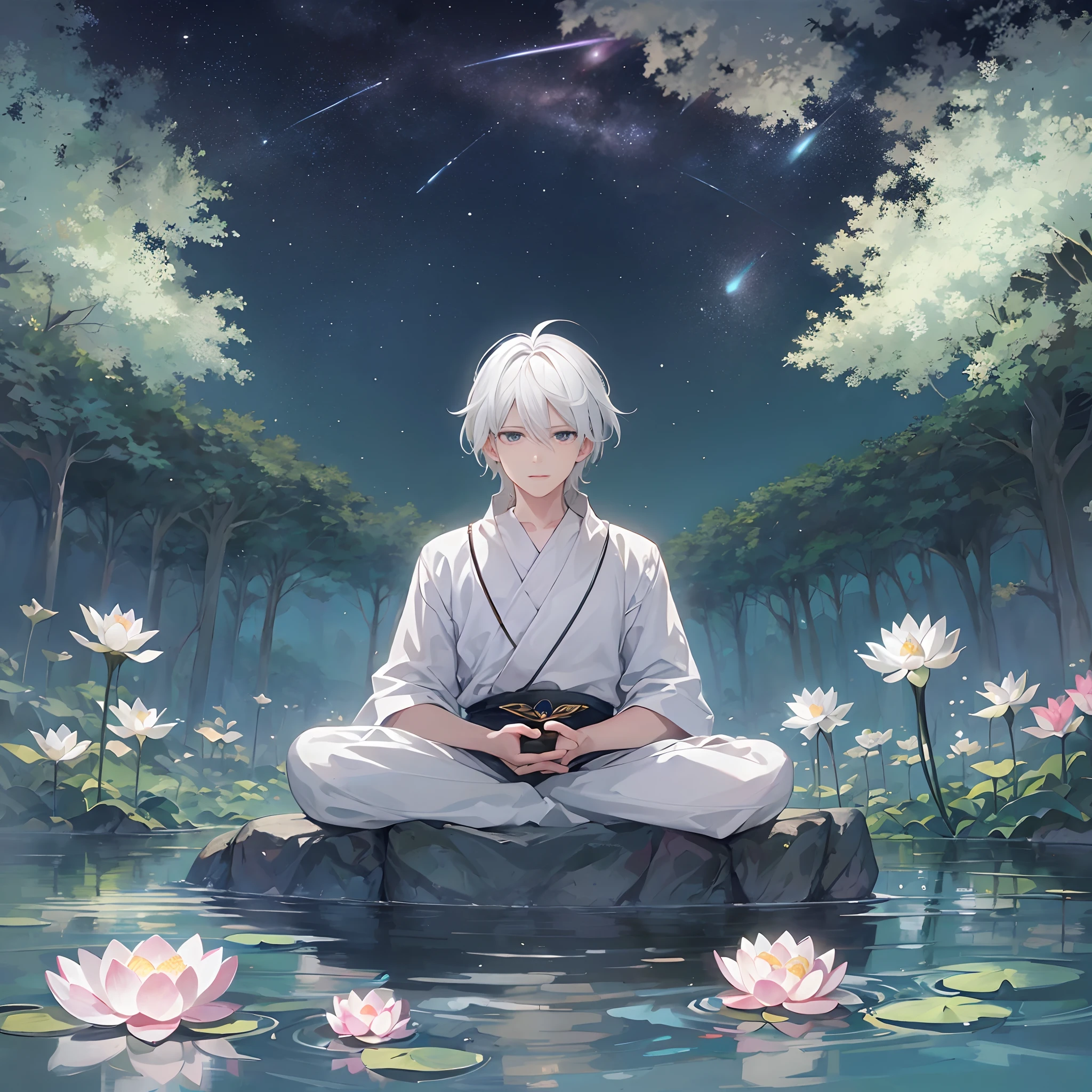 a white-haired boy，（Anime boys：1.2），Sit on a lotus flower and meditate，The water is calm，Back to the landscape，The Milky Way is splendid，Manhwa Style，HD graphics