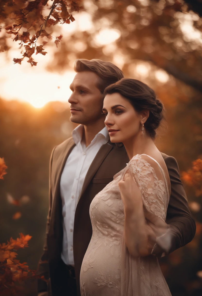 40 YEAR OLD blonde MAN AND PREGNANT brunette WIFE, FAMILY, LOVE, ROMANCE, ROMANTIC, FLOWERS, NIGHTTIME, MOONLIGHT, NATURE, ROSES, NATURE, 40 YEAR OLD blonde Man AND PREGNANT brunette WIFE, FAMILY, LOVE, ROMANCE, ROMANTIC, FLOWERS, NATURE, TREES, photorealistic, High resolution, ((perfect hand)), ((perfect face)), hair with many details, 8k artgerm bokeh, fanart best artstation, render photorealistic, guweiz-style art, inspired by WLOP, ig model | artgerm, detailed, stunning portrait of realistic face, beautiful, deviantart artstation cgscosiety, ((beautiful fall background))