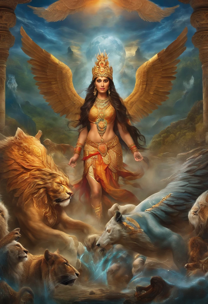 Create a captivating cover that represents the diversity of global mythologies, including gods, heroes, and legendary creatures from various cultures.