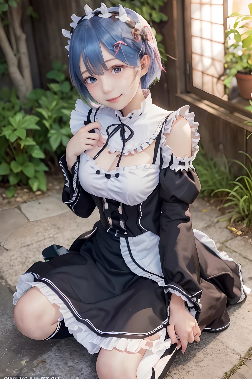 Blue hair, Short hair, Eye Cover), (Re:Staynight\), (Smile, blush, contempt), (castle), (masutepiece, acurate, Best Quality, Best Quality, High resolution, Textured skin,)( anime shoujo, Beautiful High School Girl) (Skirt, medium breasts, thin legs, White knee-length socks), blush, ((maid clothes)), Dignified, Cock! 4 k, Cock! 4K, **** in dress, official artwork with high detail