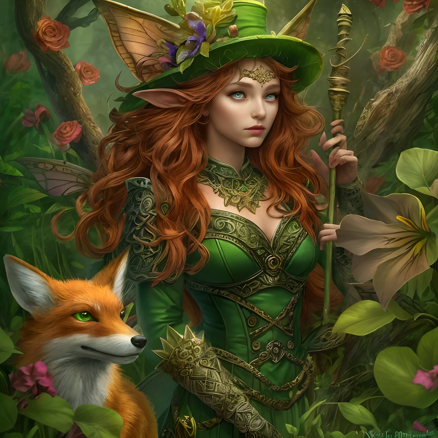 high details, best quality, 8k, [ultra detailed], masterpiece, best quality, (extremely detailed), dynamic angle, ultra wide shot, RAW, photorealistic, fantasy art, dnd art, rpg art, realistic art, a wide angle picture of a female  fairie ranger and her pet fox, warrior of nature, fighter of nature, full body, [[anatomically correct]]. dynamic position (1.5 intricate details, Masterpiece, best quality) talking to a fox (1.6 intricate details, Masterpiece, best quality) in forest (1.5 intricate details, Masterpiece, best quality), a female  wearing (medium length dark green dress) with thigh high green stockings and hat (1.4 intricate details, Masterpiece, best quality), thick hair, long hair, red hair, fair skin intense (brown) eyes, forest  background (intense details), a stream flowing in the backgraound (1.4 intricate details, Masterpiece, best quality), dawn light, clouds (1.4 intricate details, Masterpiece, best quality), dynamic angle, (1.4 intricate details, Masterpiece, best quality) 3D rendering, high details, best quality, highres, ultra wide angle, celtic fantasy, clover, poison ivy, fae, goddess of mischief, green magic, (wearing green tophat), pixie, fairy, celtic, celtic fantasy art, celtic fantasy, beautiful fairie, beautiful fairy, very beautiful fantasy art, Autumn, beautiful autumn spirit, fall season, Dark colored roses, perfect creation, perfect art, highly detailed, detailed art, masterpiece, perfect creation, perfect art, (outlined iris), (perfect eyes),