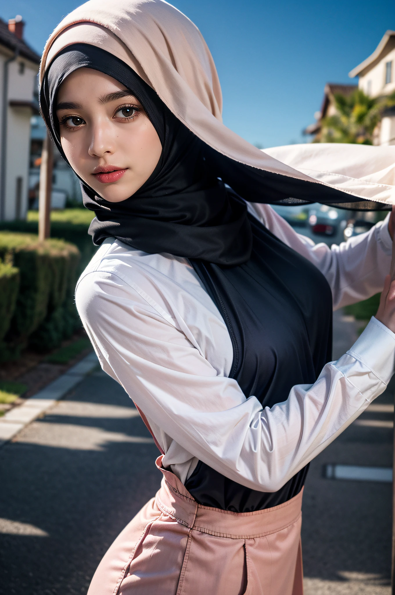 long tshirt Outfit, (RAW photo, Materpiece, Best Quality), Flower Mountain, Landscape view, Galaxy style, on the skies wave, Modelling Posing, Clothes that are covered and polite, long-sleeved Hijab clothes, look polite and elegant, ((Best Quality Hijab Hair, Hair close with Hijab)), (Mixed Albanian, Germany, British, Khushi Kapoor), Full Body Close-Up, (realistic, photo-realistic:1.3), Head Covered With Hijab, Pinafore Dress, best quality of Hijab Girl, Full Hijab Dress, highly detailed Hijab, masterpiece, ultra-detailed, illustration, 1girl, upper_body, dynamic angle, world masterpiece hijabi, best Quality, extremely detailed CG unity 8k wallpaper, pink ink, Amazing, cinematic lighting,