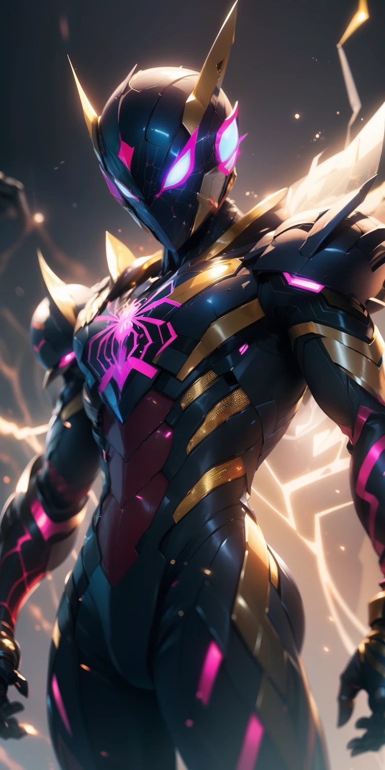 The Cosmic Arachnid sports an iridescent suit of alien tissues with a holographic spider on its chest.. His mask features a HUD visor and luminous eyes., ((Cosmic energy runs through his entire suit))while their abilities employ filaments of cosmic energy instead of conventional cobwebs.. This Spider-Man travels through dimensions to protect reality itself... ((agregar armas de combate)), agregar efecto al final, Epic Background