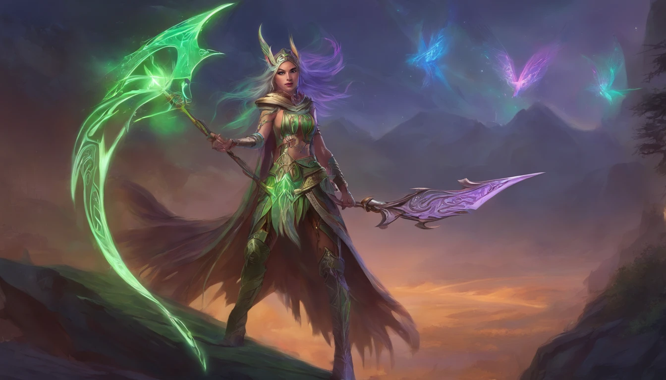 Female Nightelf Huntress with tribal tattoos, longbow in hand with arrow nocked, glowing green light eyes, world of warcraft, eerie, Creepy, nightmarish, Very bright colors, Light particles, with light glowing, large white lion companion, Mshiff, wallpaper art, UHD wallpaper