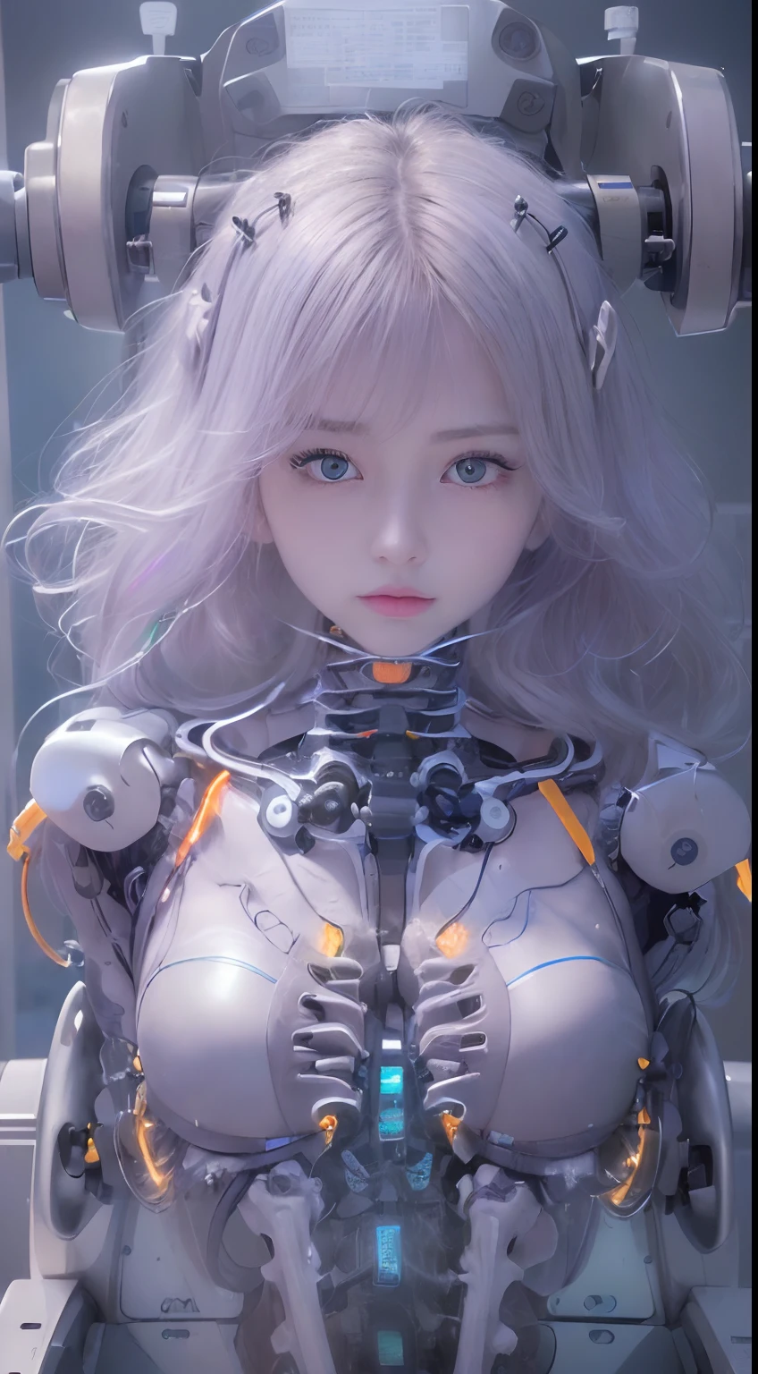 (((Masterpiece)))), (((highest quality)))), ((Ultra Definition)), (Very Detailed Photoreality), (((Very Delicate and Beautiful)), (Delicate and Pretty Face), Cinematic Light, (((1 Machine Girl)), Solo, Full Body, Big, Cleavage Is Visible Skin, White Hair, Purple Eyes, Luminous Eyes, (Mechanical Joint: 1.4), (Mechanical limbs)), (Blood vessels connected to tubes), (( Mechanical vertebrae attached to the back)), ((Cervical vertebrae of the machine) attached to the neck)), (((sitting)), expressionless, (wires and cables attached to the head and body: 1.5), (character focus), small LED lamps on the body, Evangelion, SF, metallic body, detailed neon