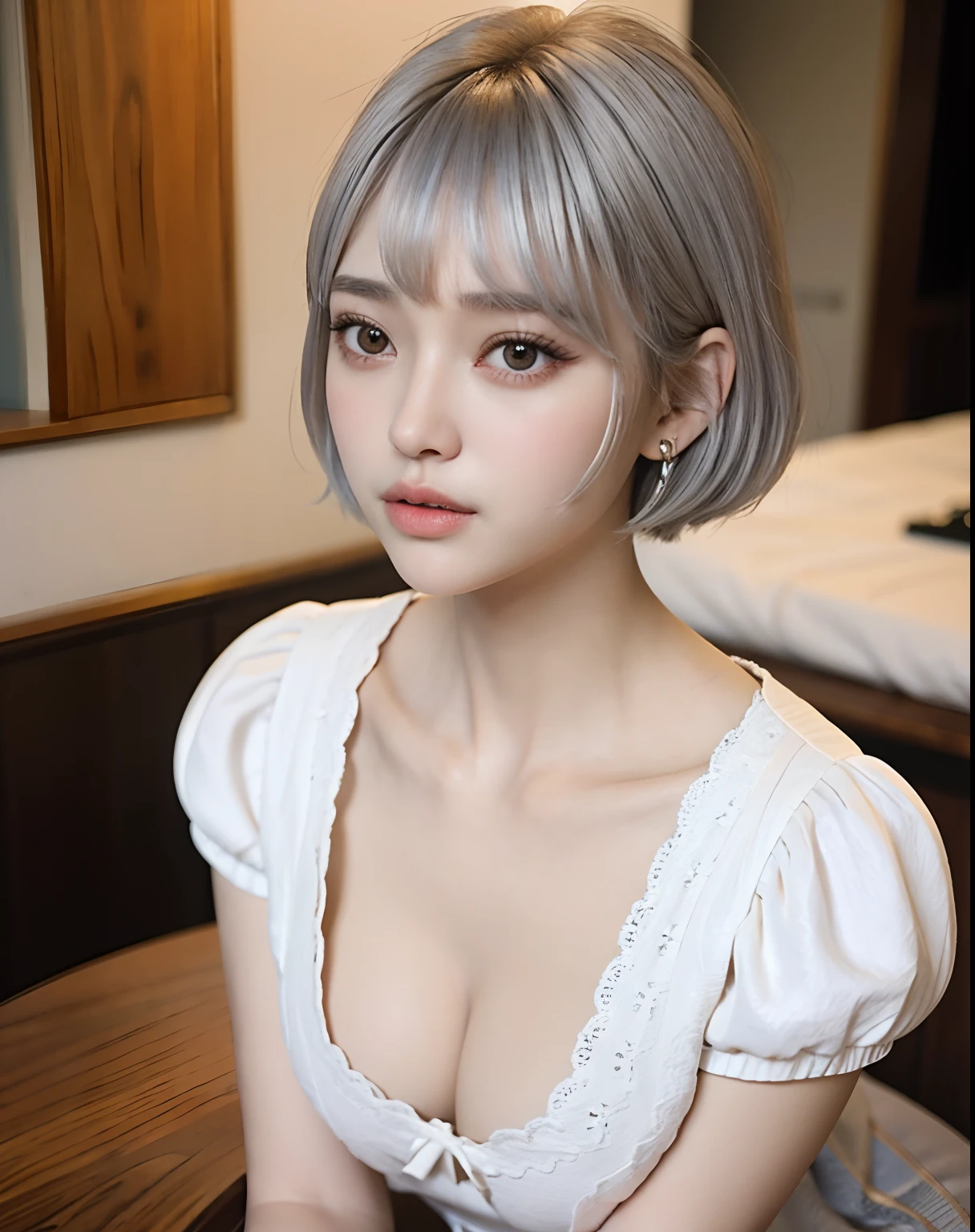 (Best Quality, masutepiece), fullnude、full bodyesbian、1girl in, Beautiful Girl, brown_Eyes, ((Hair color [Silver hair], [Pixie cut with bangs] hair)), earrings, Lips, Short sleeves,Realistic, Narrow waist, Charming, colorful makeup, long eyelashes, Fair skin, (Cute), (Detailed face), Detailed eyes, Detailed iris,