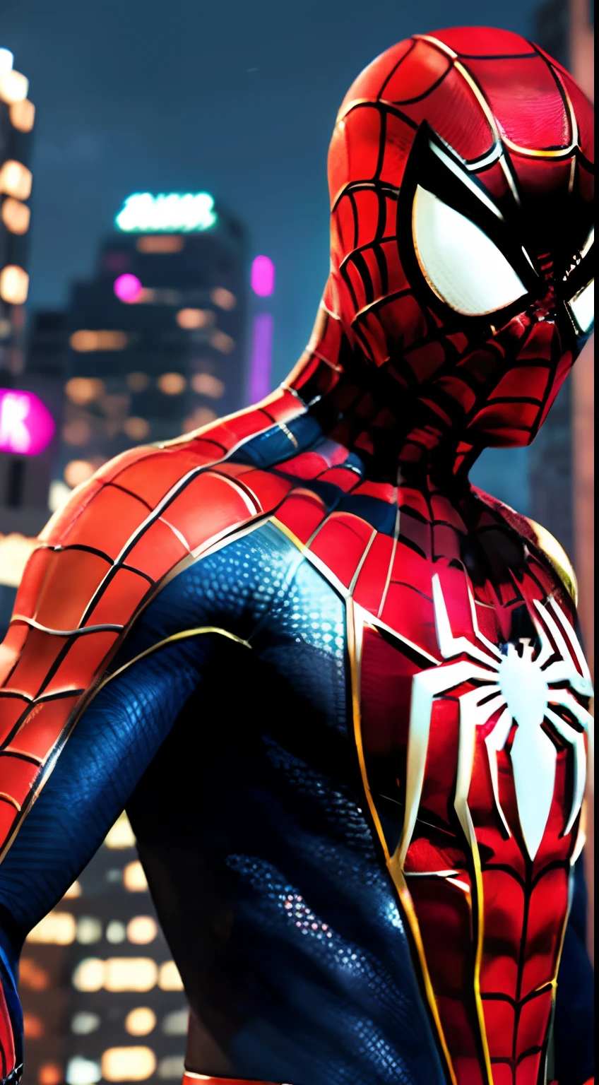 Spider - Man in a suit standing on a roof with a cyberpunk city in the background, Bustling with neon signs, Posar, Pedro Lucia, Homem-Aranha, aranha - homem, Retrato do Homem-Aranha, hq 4k papel de parede, Aranha altamente detalhada - Man, peter parker como homem-aranha, Estilo futurista Homem-Aranha, 8k render", medium close - up ( Mcu ), Spiderman, Trending in ArtStation 4K, cg arte