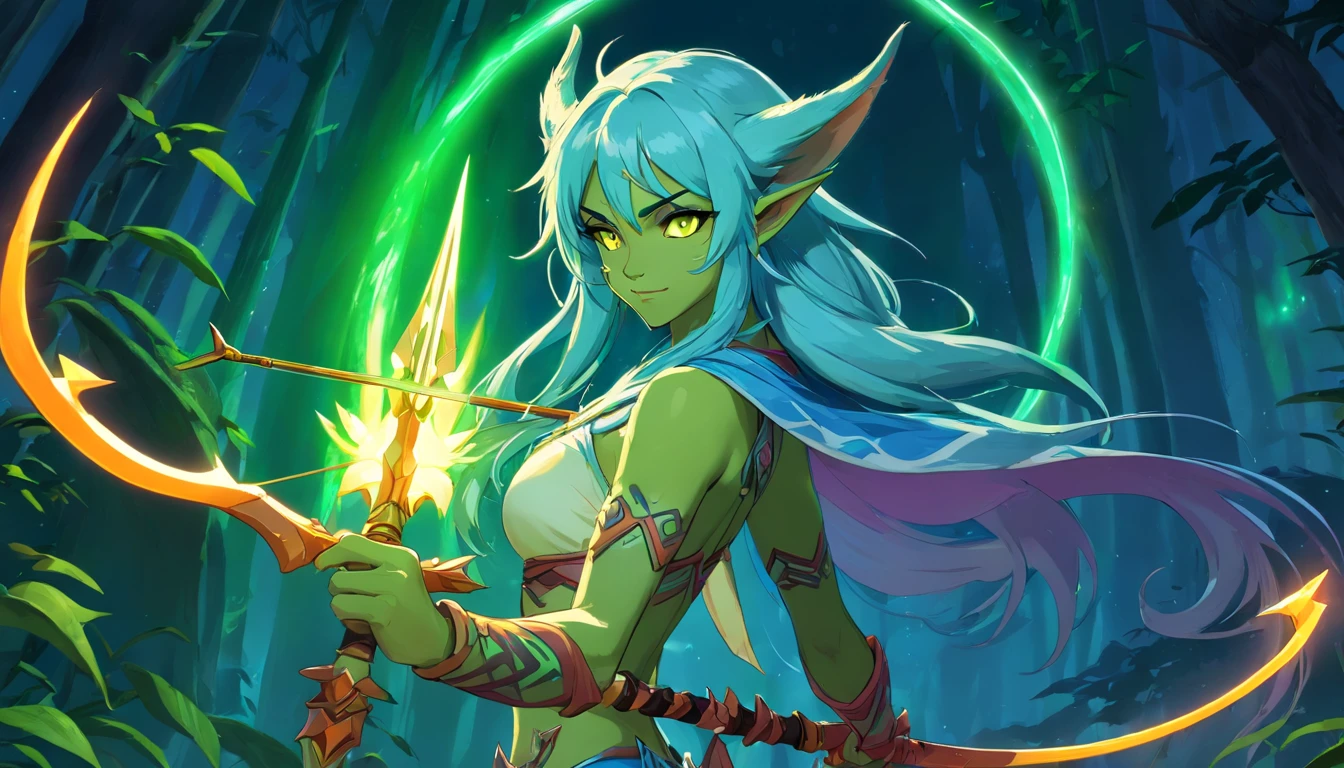 Female Nightelf Huntress with tribal tattoos, longbow in hand with arrow nocked, glowing green light eyes, world of warcraft, eerie, Creepy, nightmarish, Very bright colors, Light particles, with light glowing, large white lion companion, Mshiff, wallpaper art, UHD wallpaper