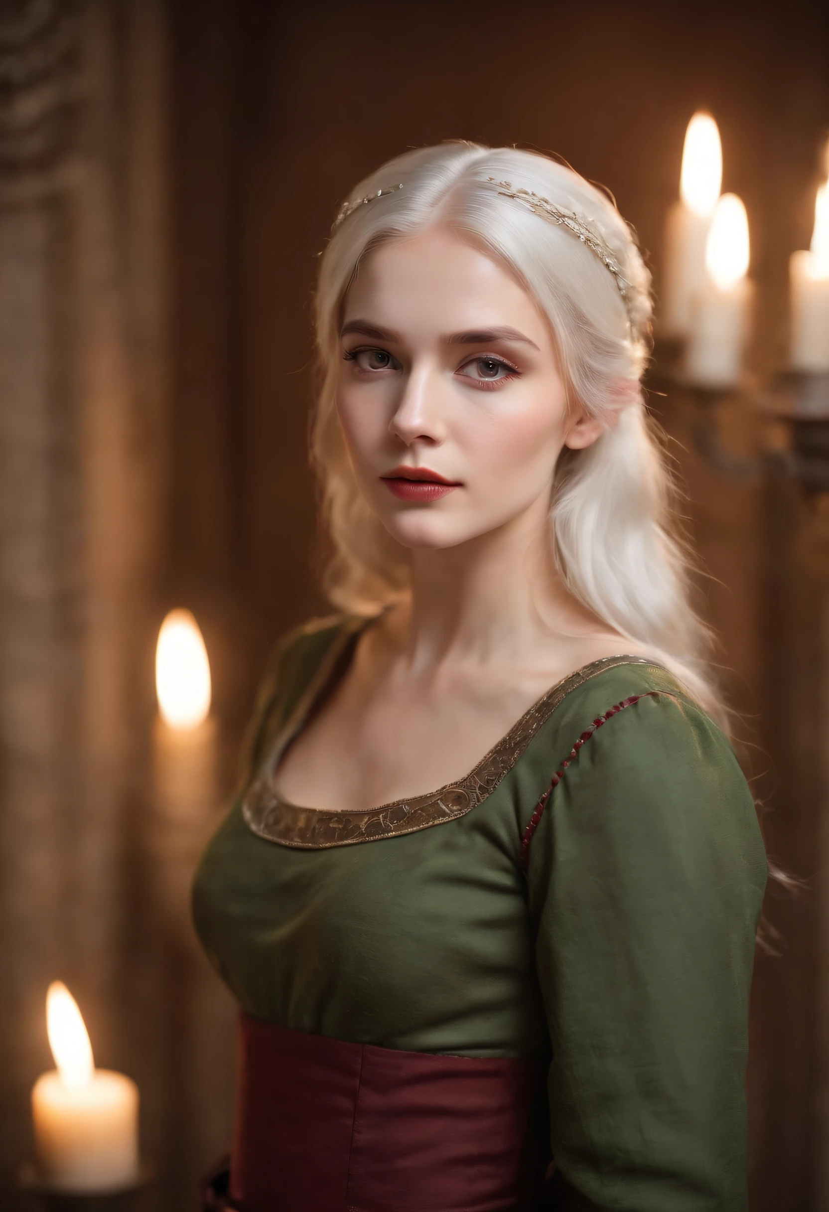 (((a deep reddish wound crosses her left cheek))) fair complexion, woman around 19 years old, natural white hair, distinctive green eyes, wearing kohl, slender and graceful, beautiful, candlelight in a medieval setting, ultra sharp focus, realistic shot, medieval female clothes, tetradic colors (scar:1.4)