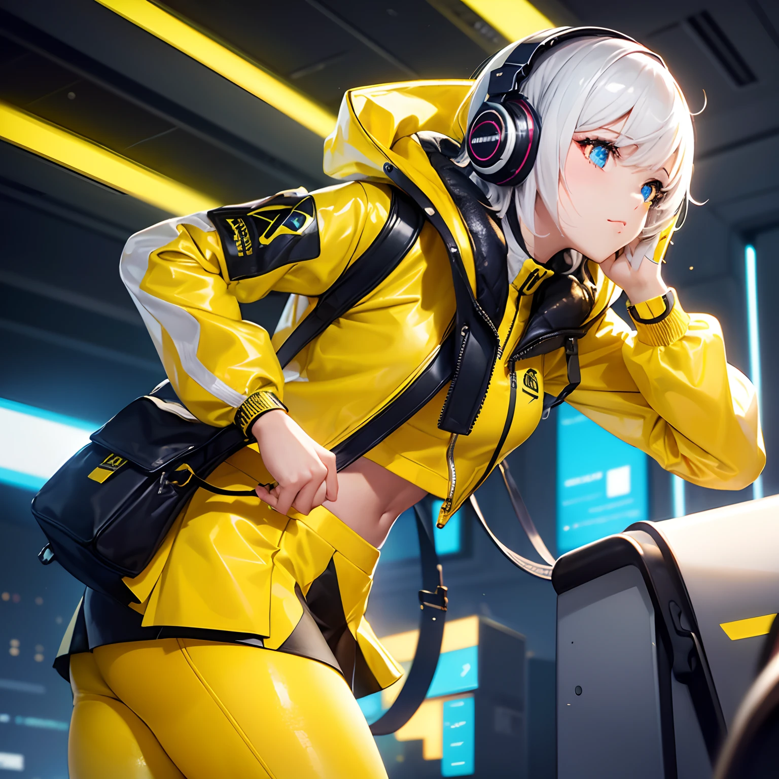 (sharp focus:1,2) Masterpiece, ultra detail, 1 hijab girl, realistic image, yellow and white jacket, skirt,wearing leggings, wearing a bag, neon lighting, headphones, clear quality,cyberpunk background, beautiful,use headphone,