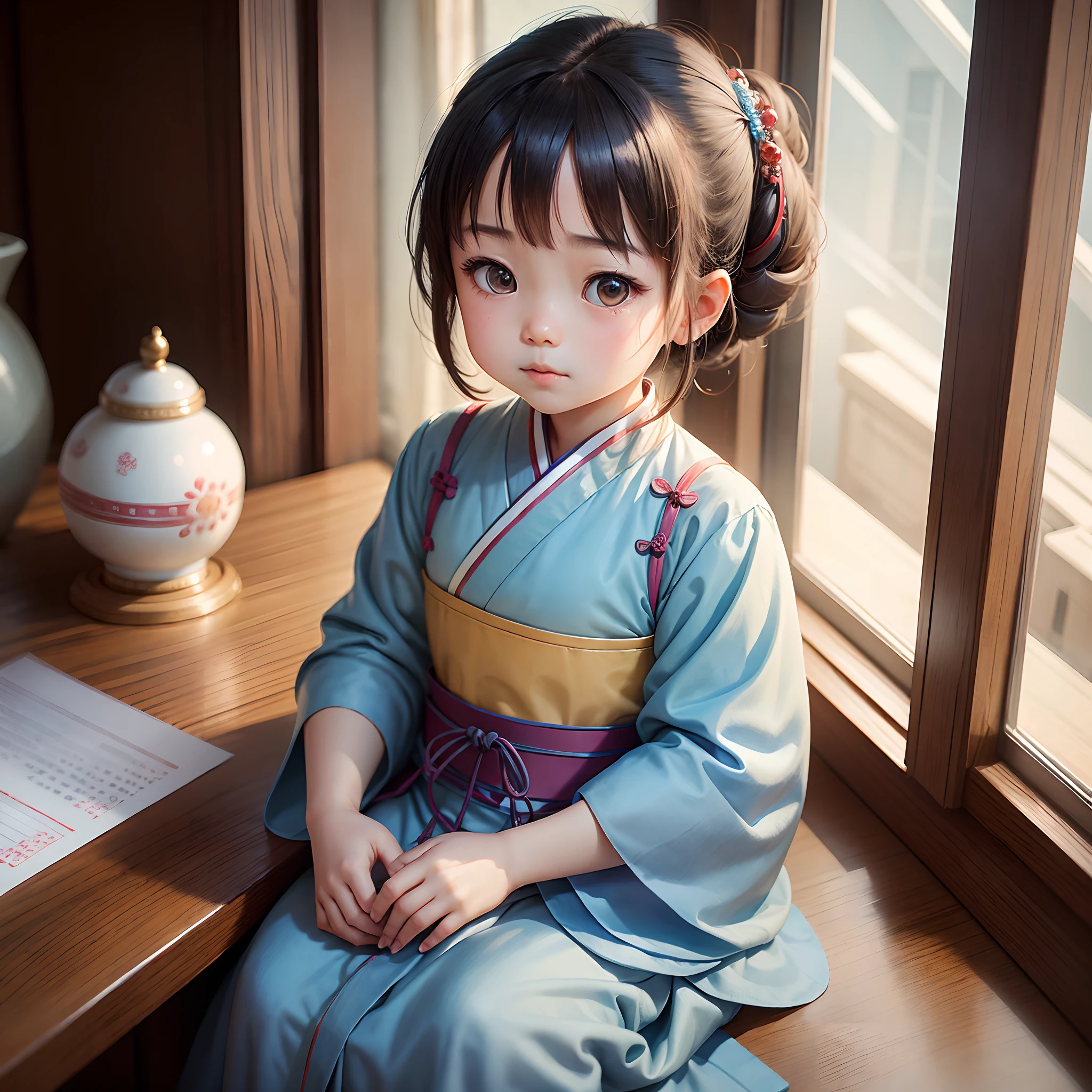 A Chinese girl wearing a light blue Hanfu , very cute , with a cute and beautiful round face . She sits in front of a desk and looks up at the sky , confident , charming , antique , CG rendered , cg rendering