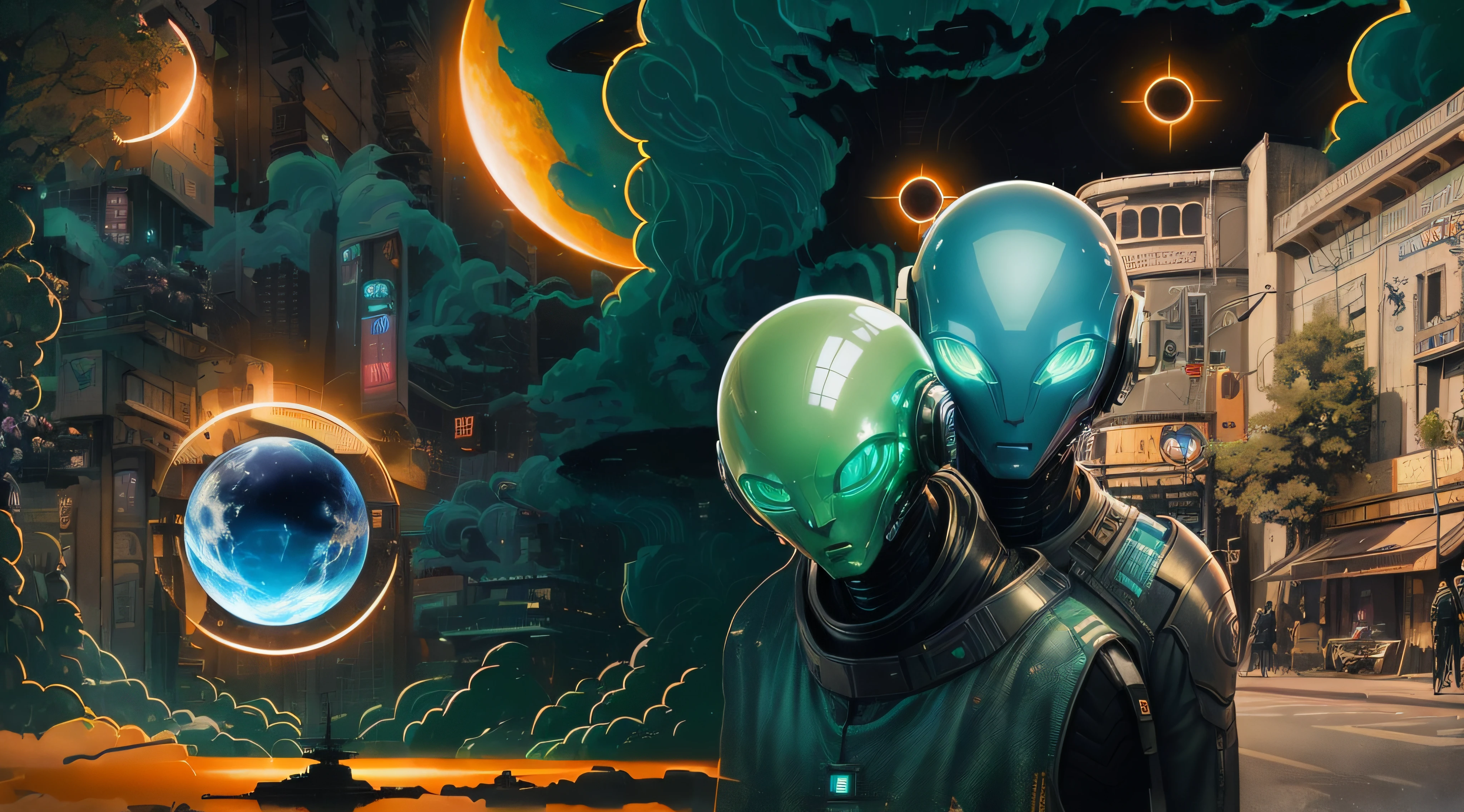 paisagem com elementos psicodelicos, like creatures from another dimension, com cores fortes