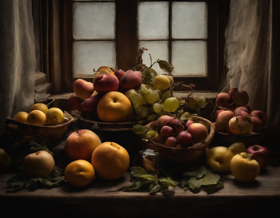 best quality, high-resolution, masterpiece:1.2, ultra-detailed, realistic:1.37, dark still life, photography, realistic, mysterious atmosphere, dim lighting, rich textures, vivid colors, intricate details, intense shadows, aged object, tarnished silverware, wilted flowers, room, background cloth, decaying fruits, subtle reflections, gloomy ambiance, macabre elements, contrast in tones, film, cinematography, dramatic shadows, eerie presence, uncanny objects, intricate details of decay, somber color palette, depth and dimension captured, emotions hidden in darkness, realistic rendering, intense chiaroscuro, exquisite textures, minute details of every object, impeccable accuracy in depicting aging, haunting fragility, ethereal ambiance, complex layers of symbolism, simple photography.