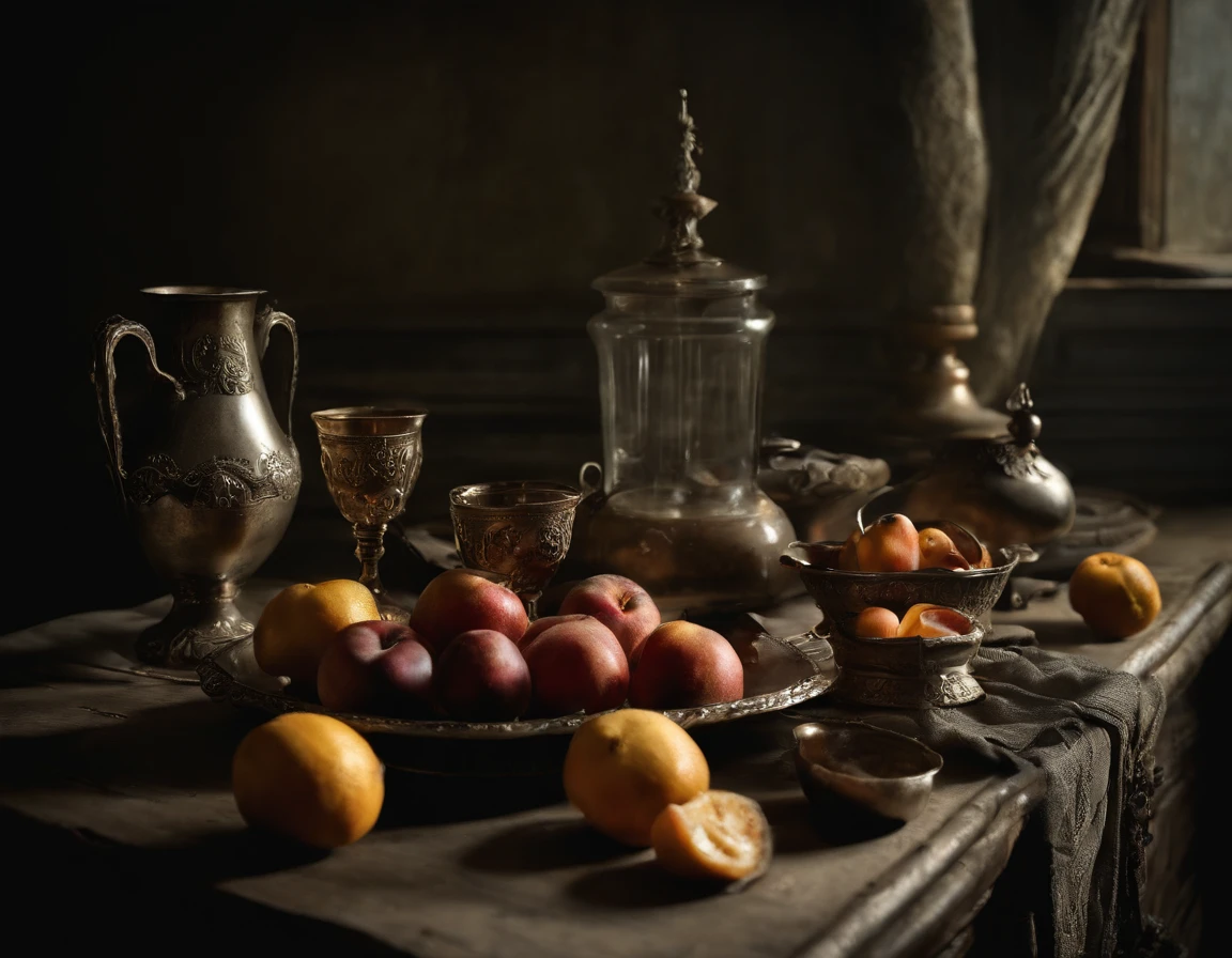 best quality, high-resolution, masterpiece:1.2, ultra-detailed, realistic:1.37, dark still life, photography, realistic, mysterious atmosphere, dim lighting, rich textures, vivid colors, intricate details, intense shadows, aged object, tarnished silverware, wilted flowers, room, background cloth, decaying fruits, subtle reflections, gloomy ambiance, macabre elements, contrast in tones, film, cinematography, dramatic shadows, eerie presence, uncanny objects, intricate details of decay, somber color palette, depth and dimension captured, emotions hidden in darkness, realistic rendering, intense chiaroscuro, exquisite textures, minute details of every object, impeccable accuracy in depicting aging, haunting fragility, ethereal ambiance, complex layers of symbolism, simple photography.