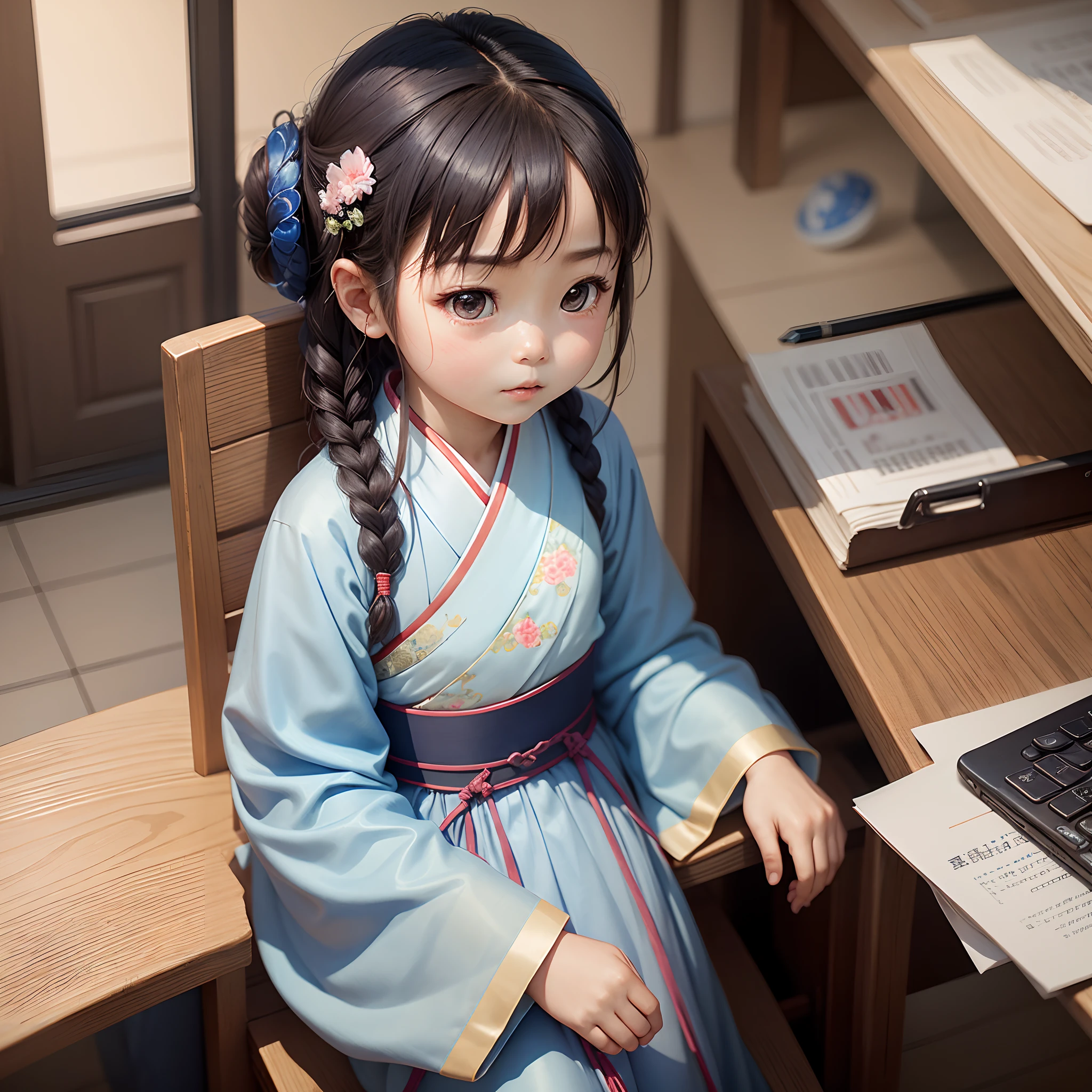 A Chinese girl wearing a light blue Hanfu , very cute , with a cute and beautiful round face . She sits in front of a desk and looks up at the sky , confident , charming , antique , CG rendered , cg rendering