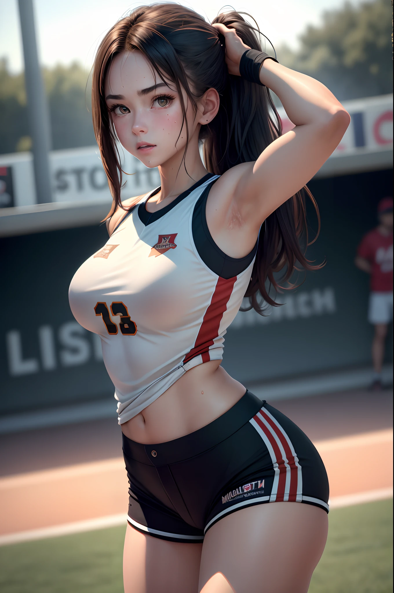 (Best Quality,8K,hight resolution,masuter piece:1.2),Ultra-detailed,Realistic:1.37,Portrait,Dynamic Angle,Female softball Players, girl,small head,Cute,Sporty,Charming face,Detailed beauty face,Very realistic skin,Wet skin,Sweat,Large breasts,Narrow waist,nice legs ,Sporty,softball Venues,Cinematic lighting,
