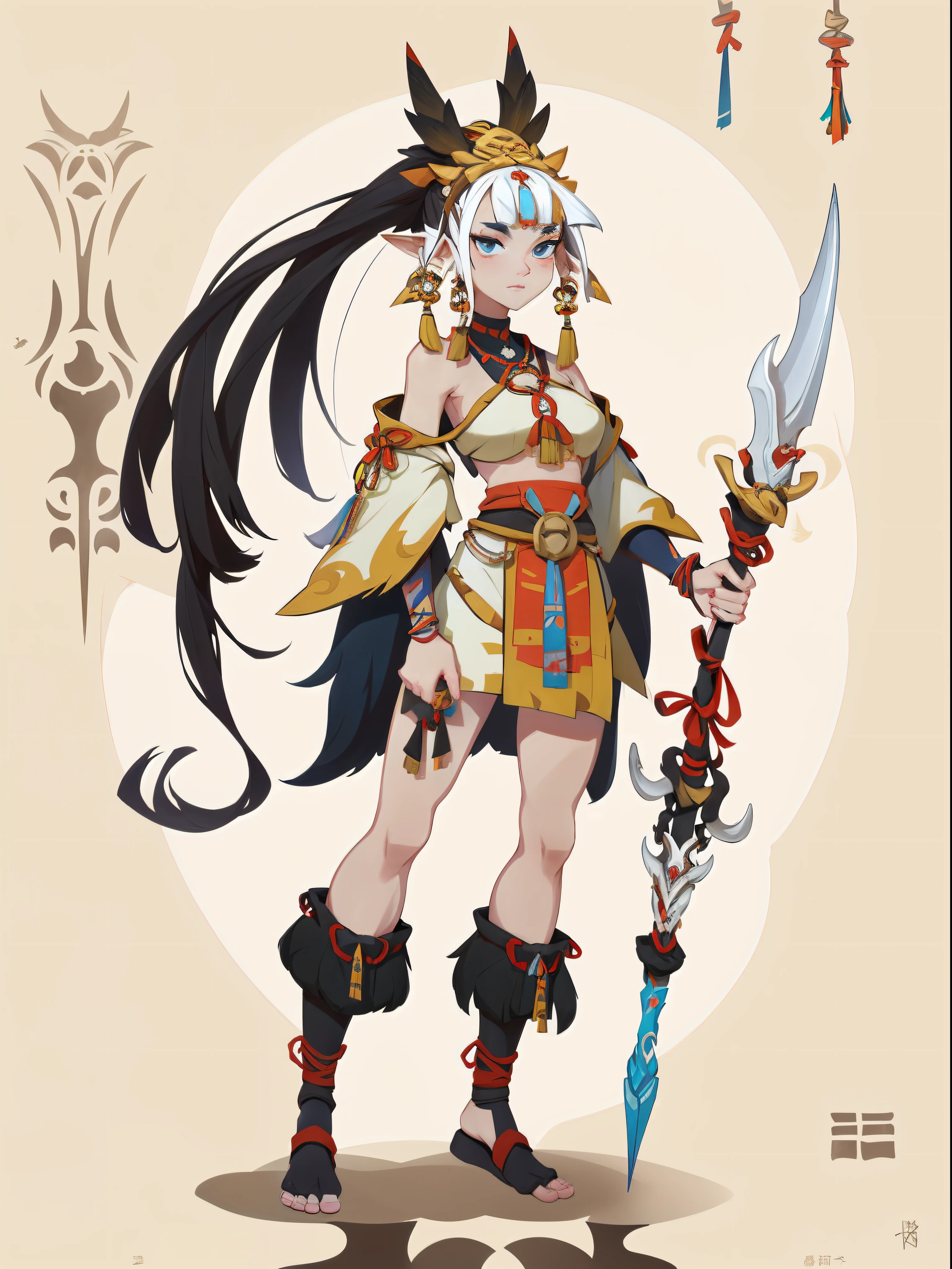 1girll ，1girll，(独奏)，full bodyesbian，European and American cartoon design，Primitive tribal elements，standing on your feet，Holding a weapon，feater，white backgrounid